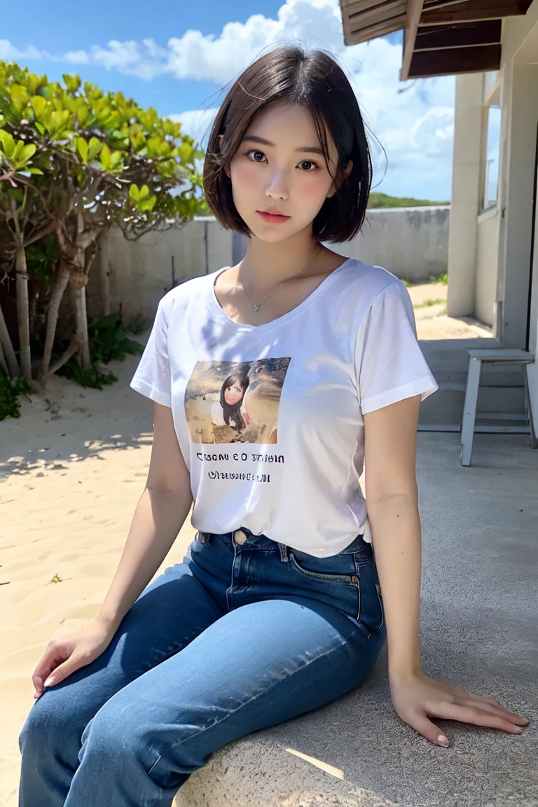 high-quality fashion photos, (8k: 1.27), (top quality, masterpiece, super high resolution: 1.2), (1 girl: 1.8), (solo:1.8), (wearing a t-shirt with mushroom illustrations: 1.8), (she is sitting on the couch: 1.6), (wearing a black t-shirt: 2), Suzu Hirose, actress of Japan, Instagram photos, street snaps, high school students, Cute Japan women (beautiful: 1.1), T-shirts, oversized T-shirts, (big t-shirts: 2), photo t-shirts, heavyweight t-shirts, highly detailed face and skin textures, delicate eyes, double eyelids, whitening skin, short hair, short hair, Japan streetwear, oversized t-shirts, brown hair, shorts,