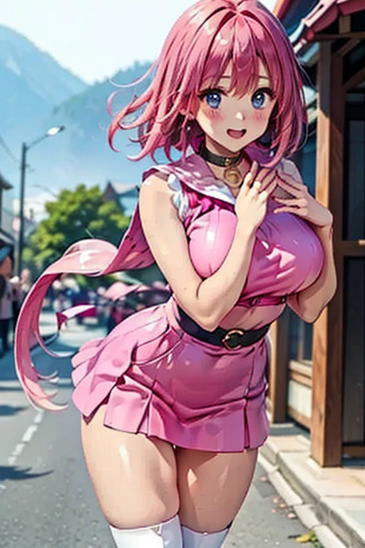 Happy young girl, with wolf ears and pink hair, holding her cheeks, wolf tail, wearing a latex dress, looking at veiwer, full body, you can see her chest, naked breasts