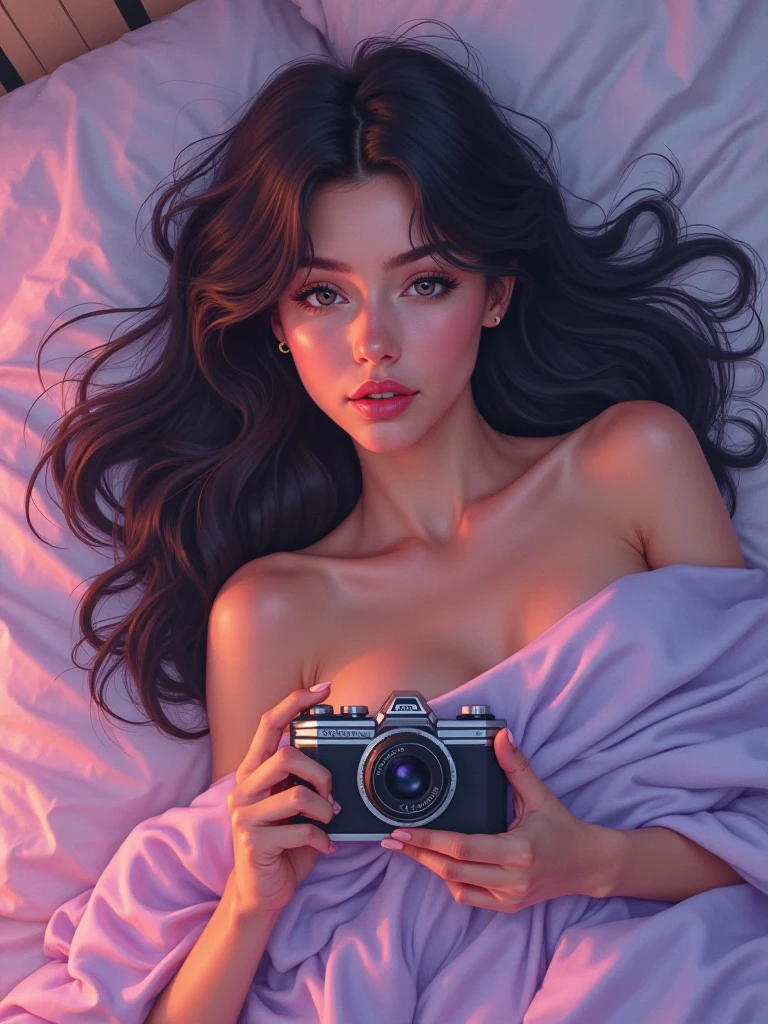 A brunette girl with curly purpple hair and big breasts sits with her legs stretched out, taking a realistic photo, nude