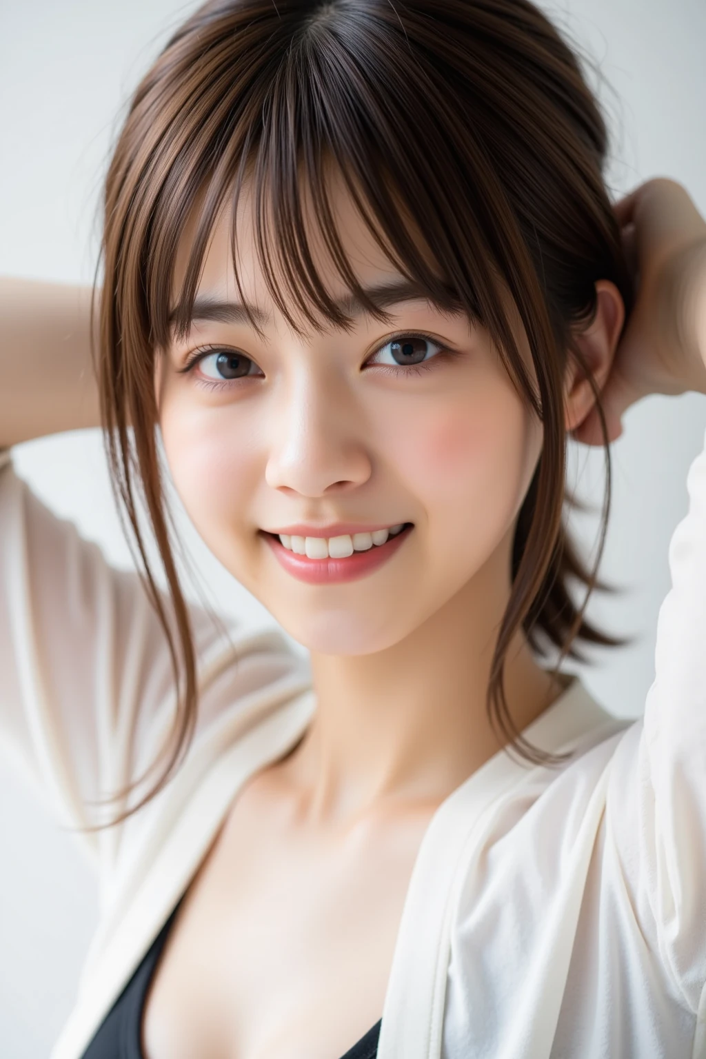 See-through tops、Big Breasts、cleavage,NAKED Camisole、bare shoulders,(White wall as background、Some of her hair is sky blue:1.4)、White wall、In front of a white door、(A room with a white wall and a window)、((Highest quality、8K、masterpiece:1.3))、Ultra-high resolution、(photoGenuineistic:1.4)、RAW Photos、Japanese,(face)、Genuine、Photographed in natural light、Highly detailed face and skin texture、Highly detailed lips、The correct state of the human body、short Hair、Black Hair、bangs,Various poses、Natural color lip,droppy big eyes,toothy big smile,cameltoe