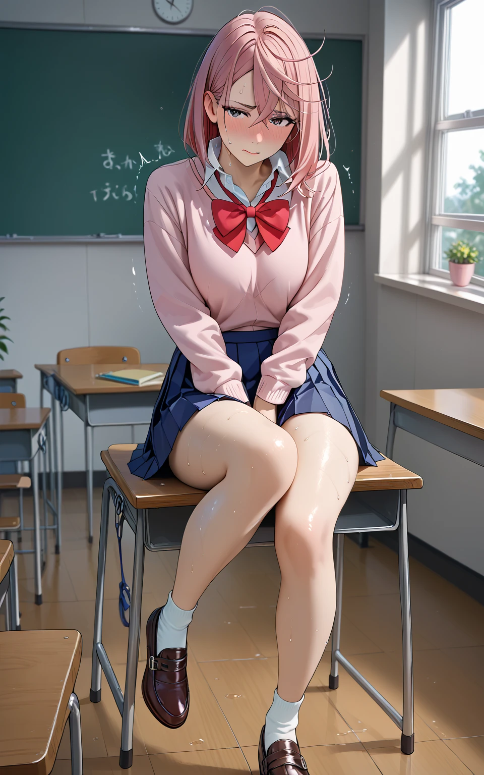 ((Ultra-detailed)), (top-quality),((masterpiece)), ((Super exciting)), ((8K)), ((extremely clear)), ((Very sophisticated)), (Anime quality), (3D), (photograph quality), (wall paper), (best illumination, best shadow), solo, full body portrait, Japanese girl, a baby face, Pink hair, Short ponytail, big Hair Ribbon, Ahoge, drooping eyes, Blue eyes, long eyelashes, Thin eyebrows, Beautiful breasts, detailed face description, beautiful smile, close mouth, flash cheek, Clear Body, Clear eyes, Light shines in, gleaming, shiny glistening, realistic skin texture, pink cardigan, school wear, a dark blue skirt, white knee high socks, Classroom Background, chalk board, sitting on the school desk, look at viewers, emphasize legs, Wear clothes properly, close up, dynamic angle,