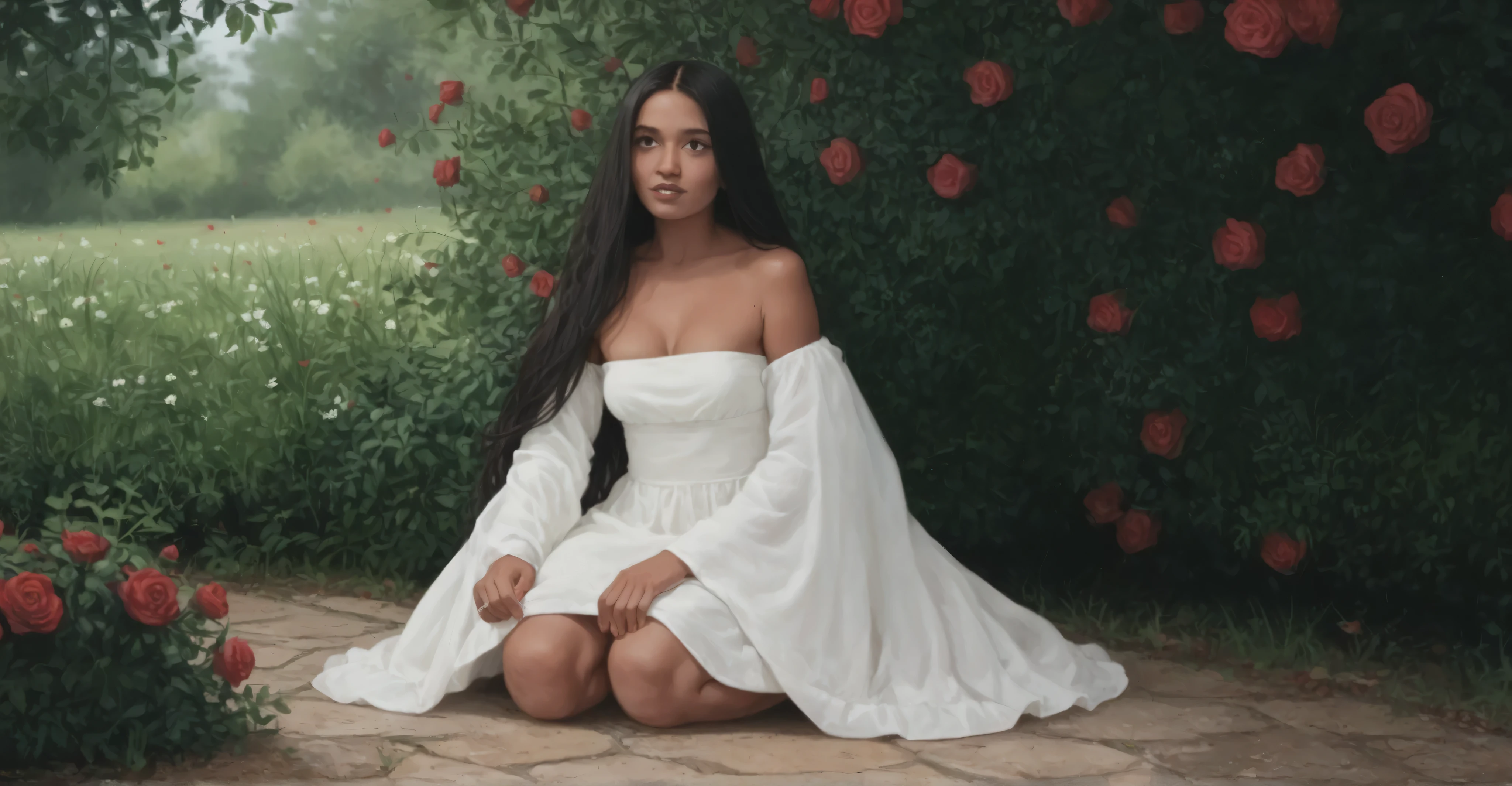 a girl kneeling in a rose garden wearing a long white dress, straight black hair, long hair, round chin, snub nose, black eyes, BROWN LIPS, sorriso, boca aberta, perfect teeth, sardas, glowing skin, medium bikini, big feet , bare feet