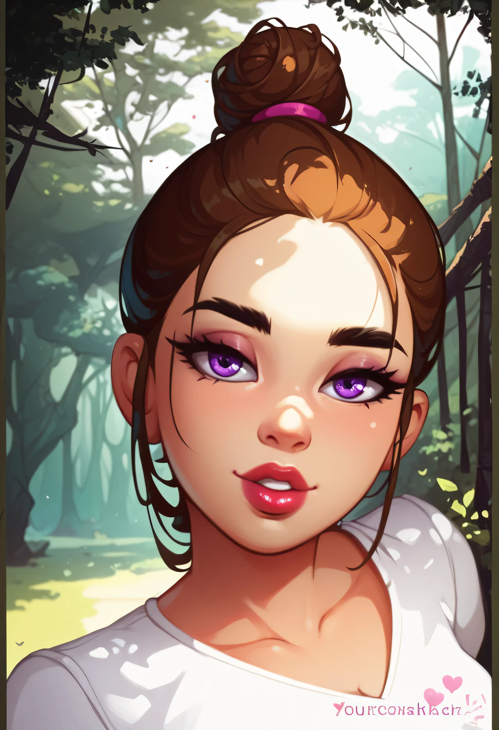 Create an illustrated, hand-drawn, full-color image of an humanoid, hybrid, anthropomorphic, sexy pig woman. The artwork should be rendered in the style of "Breath of the Wild," featuring warm lighting and shadows. Include graphite shading, stencil marks, and airbrushed acrylic paint effects. The image should be of the highest quality, a masterpiece with intricate details. cow nose, cow ears. The pig woman should have a chubby female, round belly, fat rolls, small pink spiral tail, humanoid, appearance. She should have luscious lips, a wide smile, and bright, expressive eyes, exuding beauty, cuteness, and adorableness. Ensure the image is high resolution and sharply detailed, with a detailed and vibrant background. Scarlett Johanson, Alison Brie, Dove Cameron Incorporate mystical lighting in the background, creating a romantic and enchanting atmosphere. gingham dress.