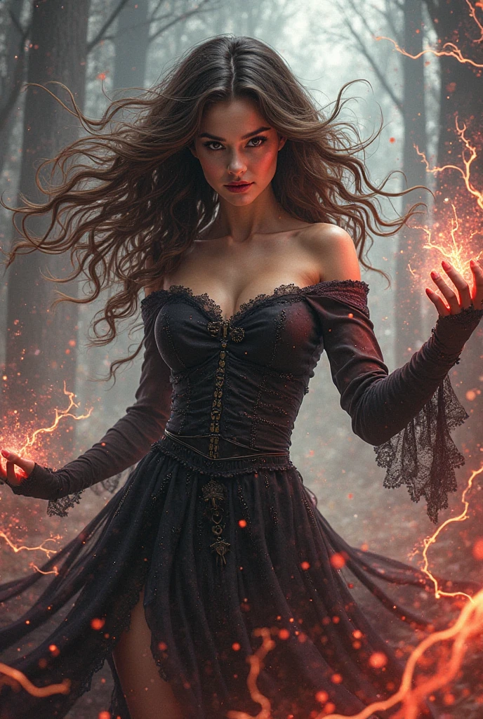 sorceress walking in long leather dress in a burning forest at night, black and dark blood red colored dress, huge fire:1.2, huge forestfire:1.2, high temperature fire:1.2, beautiful face:1.1, fit girl, 20 years old, perfect anatomy, large breasts:1.2