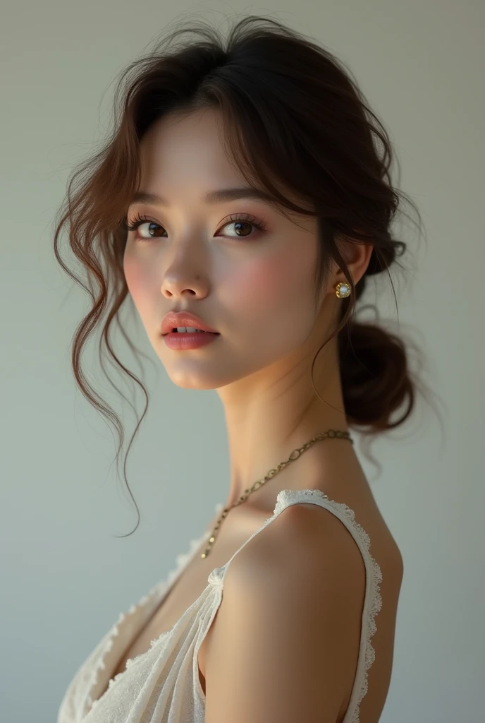 Beautiful woman (young), age between 20 to 25 years, Brown eyes, good body, medium breasts, in a short dress, Hair color (light brown), slim, Skin tone (white), 4k, with delicious face, image size (complete), In heels, with a pose, excited.