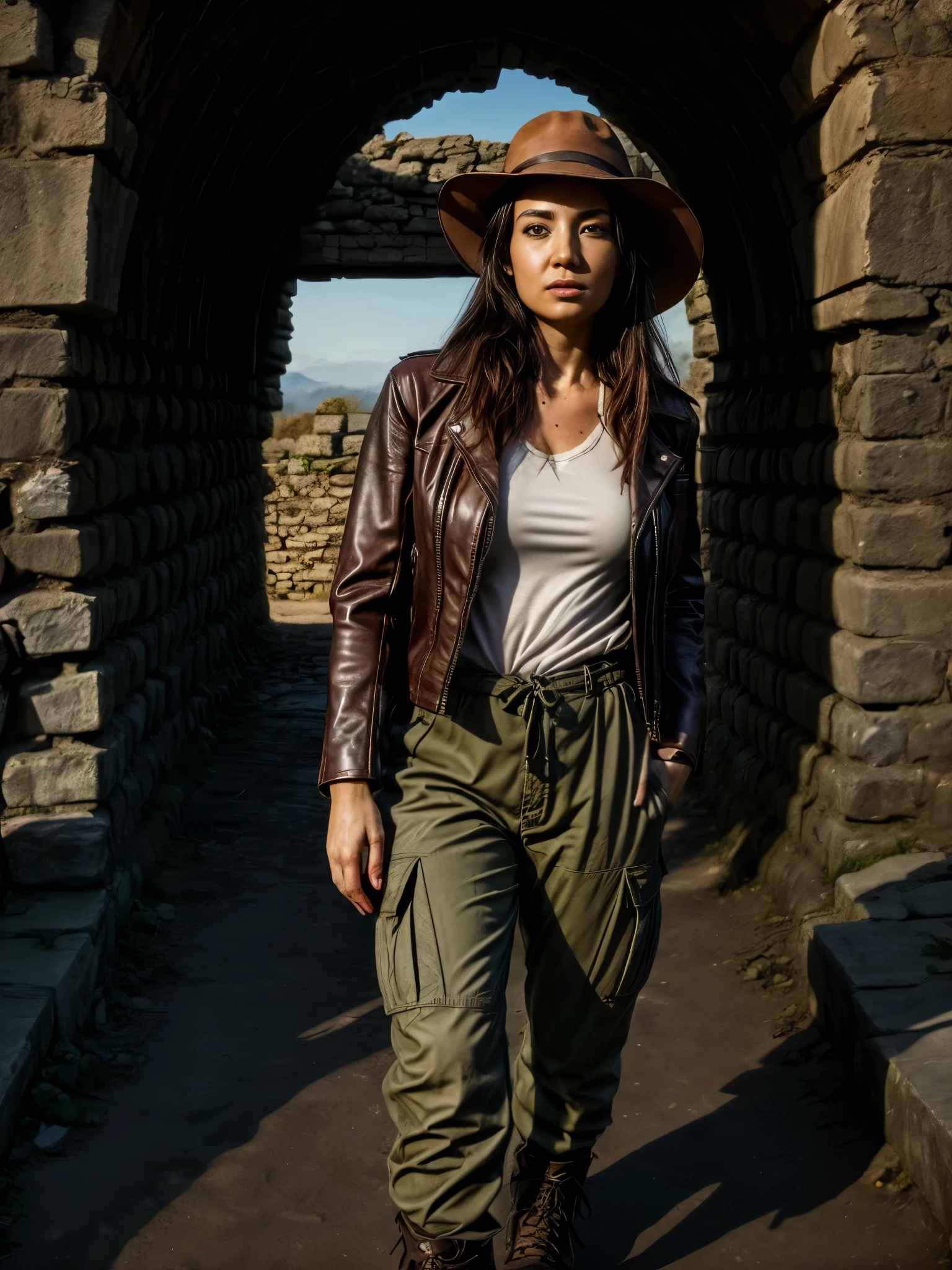 a female indiana jones, beautiful detailed eyes, beautiful detailed lips, extremely detailed eyes and face, long eyelashes, adventurer, archaeologist, leather jacket, cargo pants, hiking boots, fedora hat, exploring ancient ruins, treasure hunting, sunlight dappled stone walls, crumbling architecture, overgrown vegetation, (best quality,4k,8k,highres,masterpiece:1.2),ultra-detailed,(realistic,photorealistic,photo-realistic:1.37),cinematic lighting, dramatic shadows, vibrant colors, adventure, exploration, discovery