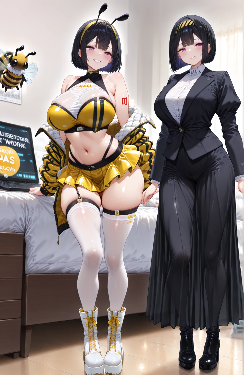 Beautiful woman is shown to have a athletic figure, she is wearing a beautiful nsfw dress, (aafranziska, light blue hair:1.5), ascot, puffy sleeves, pencil skirt, pantyhose, black gloves, jewelry, earrings, (black bunny ears:1.4), black lips, (tears:1.4), girl standing in a gala ballroom, sexy session, (arms behind back:1.4), exposed cleavage, (pregnant:!.4), cowboy shot, superior quality, many details, realistic