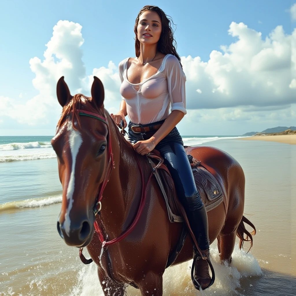 23-year-old hyper-realistic Latin girl named Valentina Calista with freckles, mood selfie for instagram, Ultra Definition, (photoreallistic: 1.4), 8k, calidad premier, fondos detallados, cara delicada, maquillaje natural, foto raw, iphone, HDR, valentina is riding a horse, sexy pose
