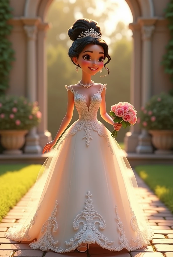 Helen Parr with huge breasts in a micro bra and lace wedding dress with veil and bouquet in a park in New York
