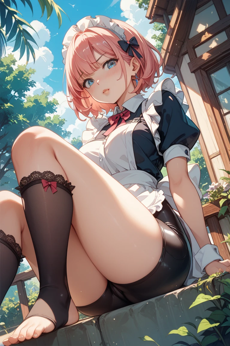 ((masutepiece, Best Quality, hight resolution, nffsw, Perfect Pixel, depth of fields, 4K, )), 1girl in, Solo, , Beautiful anime girl, Beautiful Art Style, 
very low view angle:1.3, view from below:1.5, sky from below:1.5, garden background, sitting on table:1.5,
Perfect body, poker face:1.5, show feet:1.5, show close feet:1.5,
Yuigahama Yui, Hair bun, short hair, large breasts, show panties:1.5, 

Full face blush, black stockings:1.4, black lingerie:1.2, red face, 
straight-on:1.3, medium shot