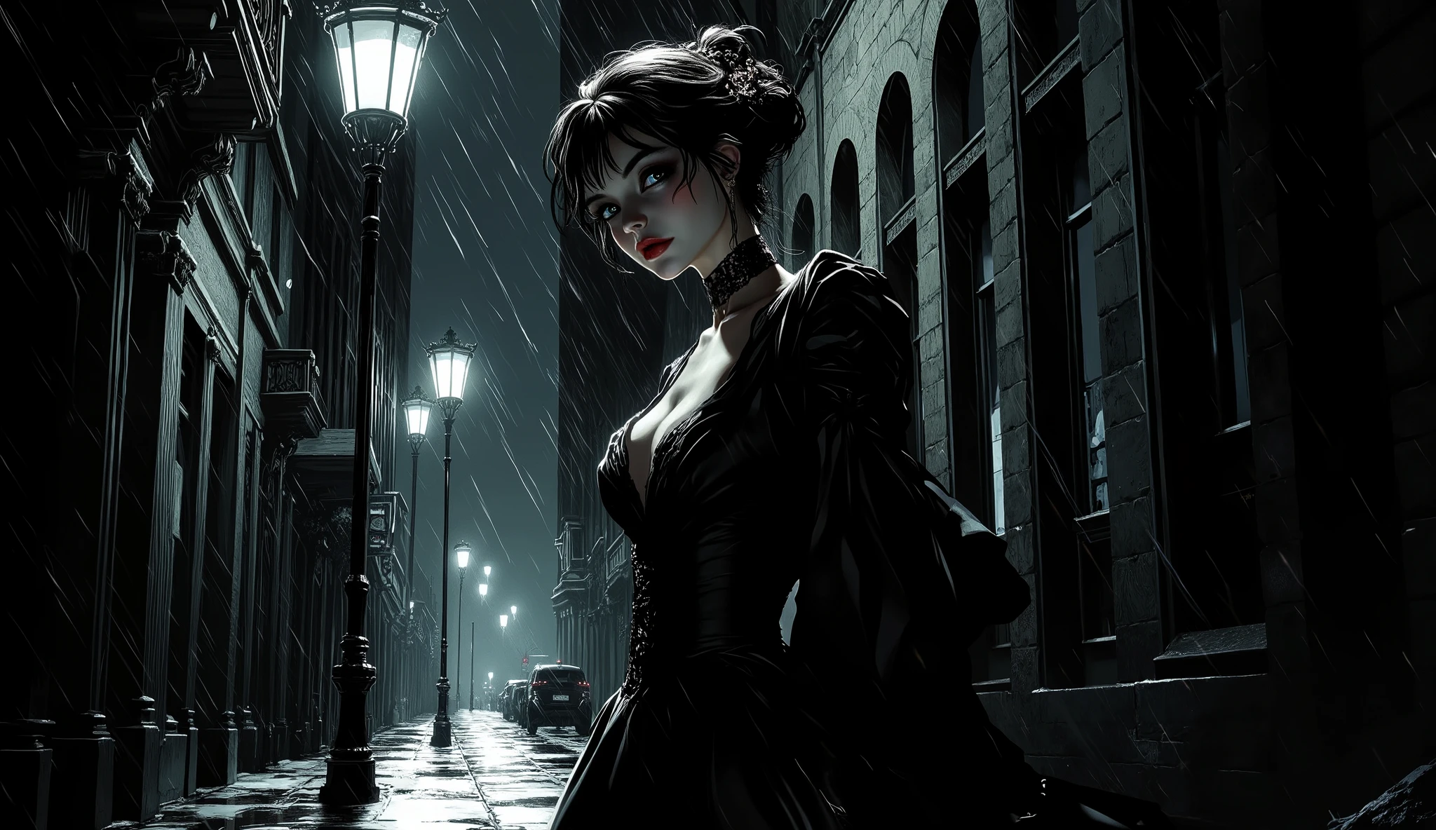 Illustration of Capitu in the Noir style, with a dark and mysterious atmosphere. She is in an old urban nocturnal environment, illuminated by a street lamp that projects dramatic shadows. Her 'hangover eyes' are intense and mesmerizing, reflecting the light in an enigmatic way. Capitu wears an elegant and sophisticated antique dress, with a confident posture , but with an expression that conveys secrecy and ambiguity. The background is a deserted and rainy street, with sidewalks shining from the reflection of the lights and the environment charged with tension. The color palette is predominantly black and white, with intense shadows and strong contrasts, capturing the essence of the Noir genre. Capitu is shrouded in an aura of mystery, with a slight sense of impending danger