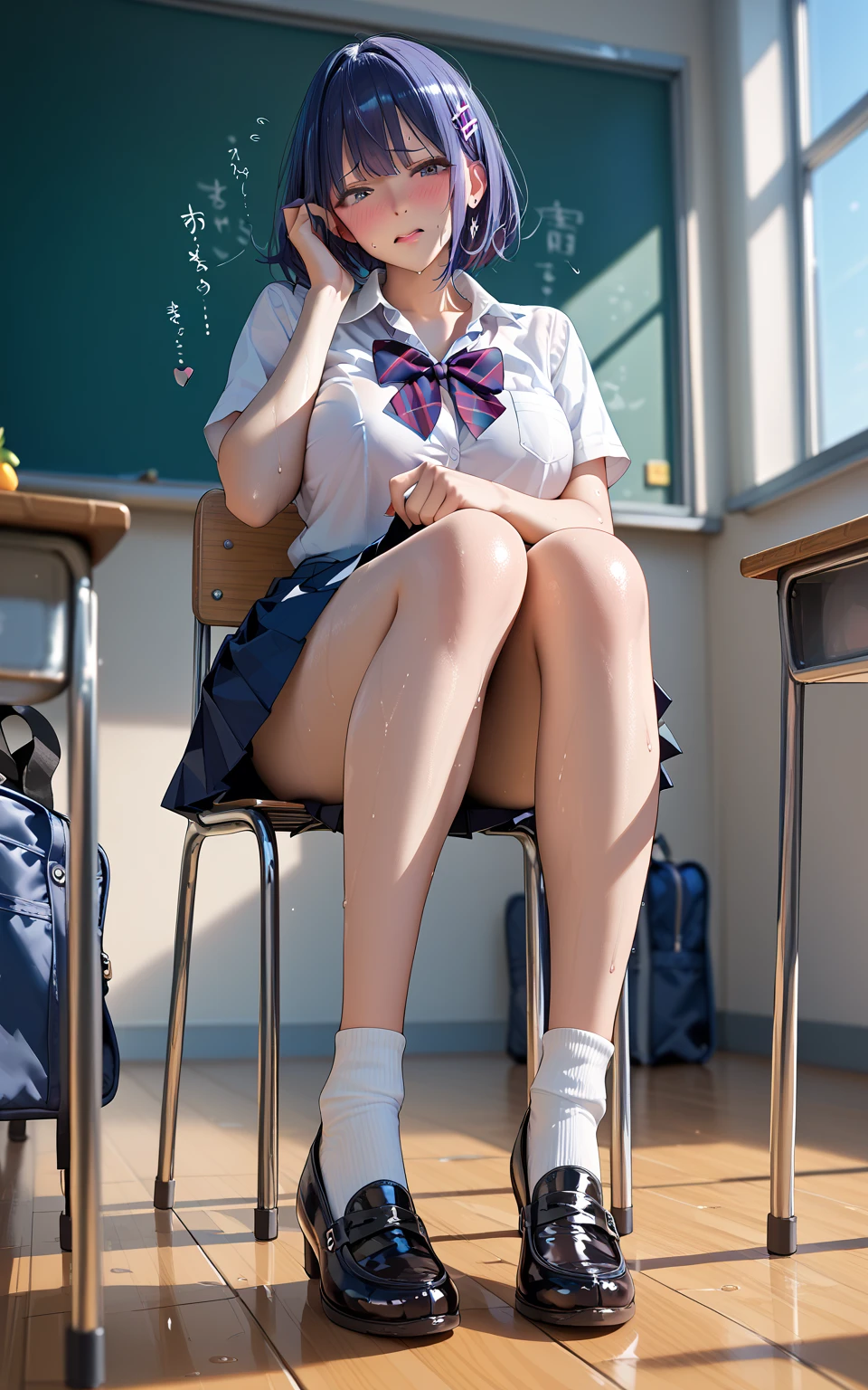 Highest quality，Detailed portraits，Sitting，(Girl showing detailed sole of left foot:1.4)，(Detailed and beautiful face)，(Beautiful deformed teeth)，Erotic tongue，(Beautifully detailed white panties with stitching)，Staring at me as if looking into my eyes，(A smile of pleasure)，(Sweating all over:1.5)，(There is a cloudy liquid on the bottom of the left foot.:1.3)，Long, slender legs，(high school girl)，She is taking a picture of me with the camera in her right hand.，School classroom