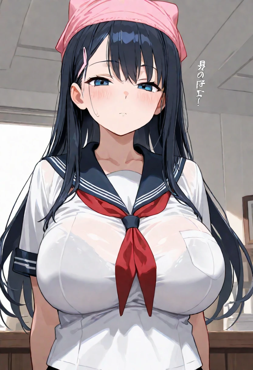 beautiful girl、high school girl、Black Hair、Shy expression、blush、Big breasted body type、Very huge bust、Japanese typical room、Sweat、Navy blue sailor suit、、Erotic