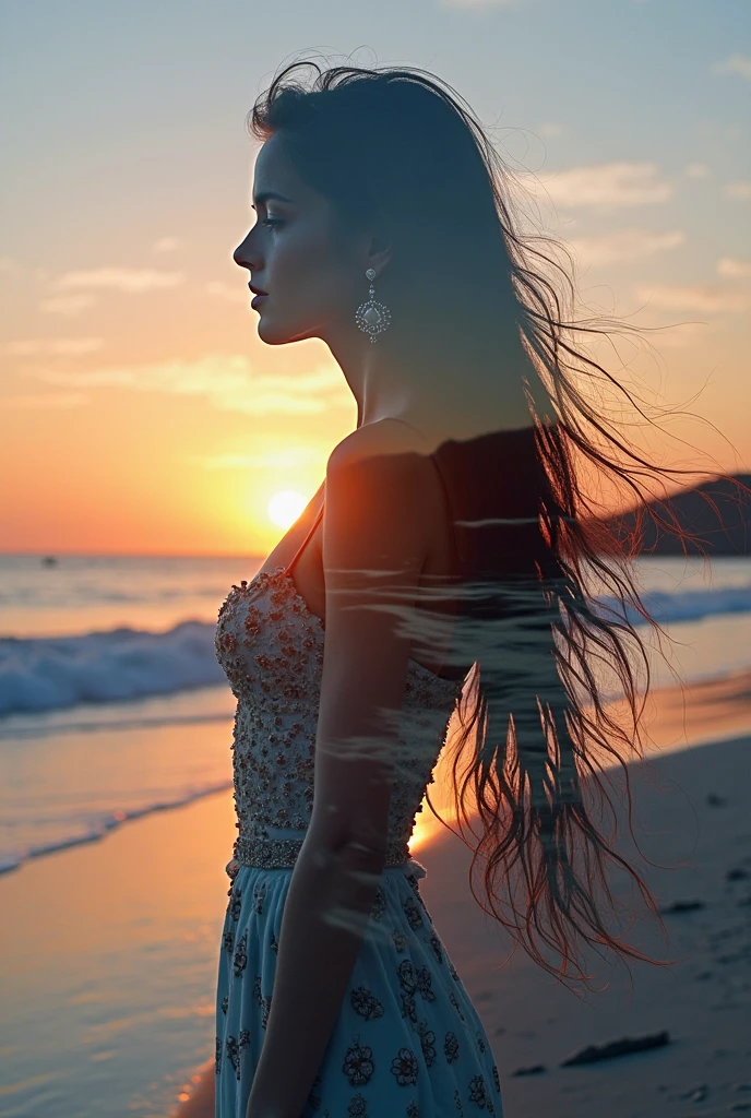 high quality, 8K Ultra HD, A beautiful double exposure that combines an goddess silhouette with sunset coast, sunset coast should serve as the underlying backdrop, with its details incorporated into the goddess , crisp lines, The background is monochrome, sharp focus, double exposure, by yukisakura, awesome full color,