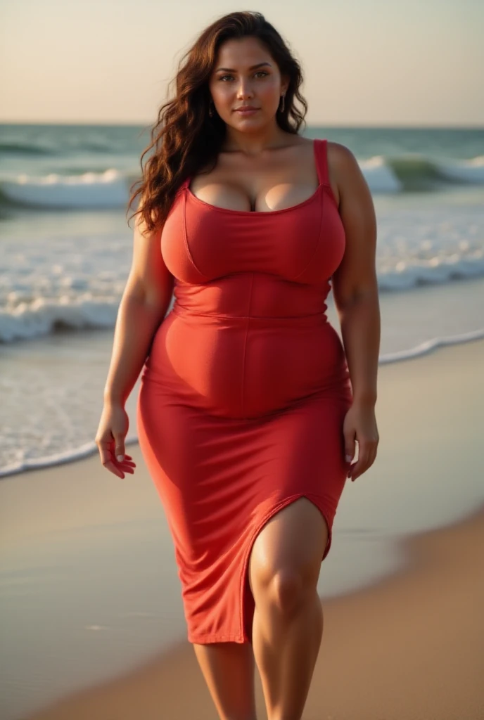 1 girl, morbidly obese seductive Spanish woman, red lips, long hair, (summer dress), (double chin), overweight, (pregnant belly), big breasts, make-up, exotic island, walking