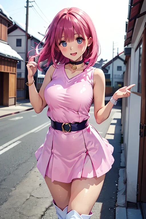 Full body, beatiful eyes, cute face, realistic, 8k, best quality, masterpiece, (1 cute woman, solo: 1.1), very big breasts, pink hair, pink crop top, pink skirt, pink gloves, pink heel boots, naked shoulders