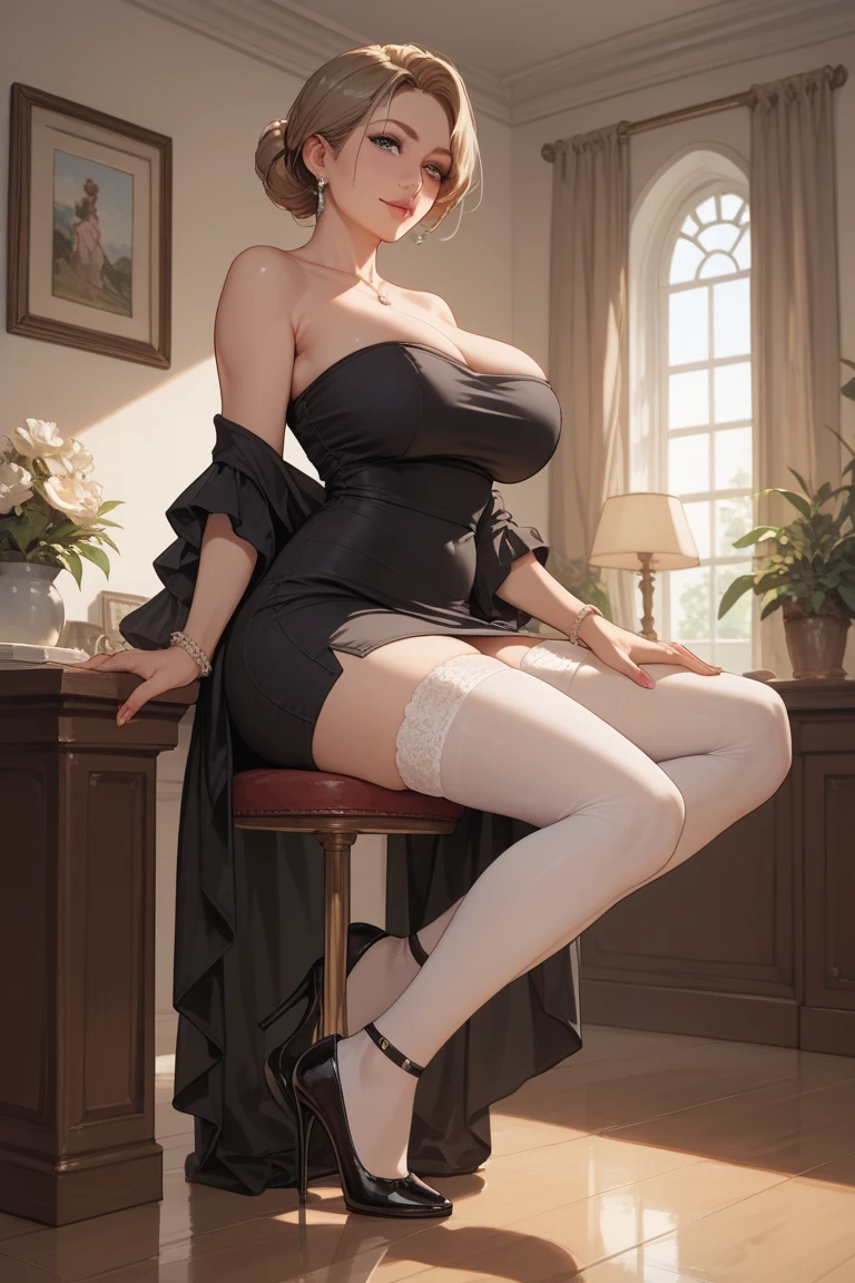 (masterpiece:1.4), (best quality:1.4), retro vintage pin-up style, extremely detailed, intricate, hyper-detailed, illustration, soft lighting, 1girl, Marilyn Monroe, Blonde hair_flower, dress, bend_over, grin, (perfect_face), sitting, desk, ornate, intricate, dramatic lighting, 4k, detailed_background, caustics, full_body, digital_illustration.