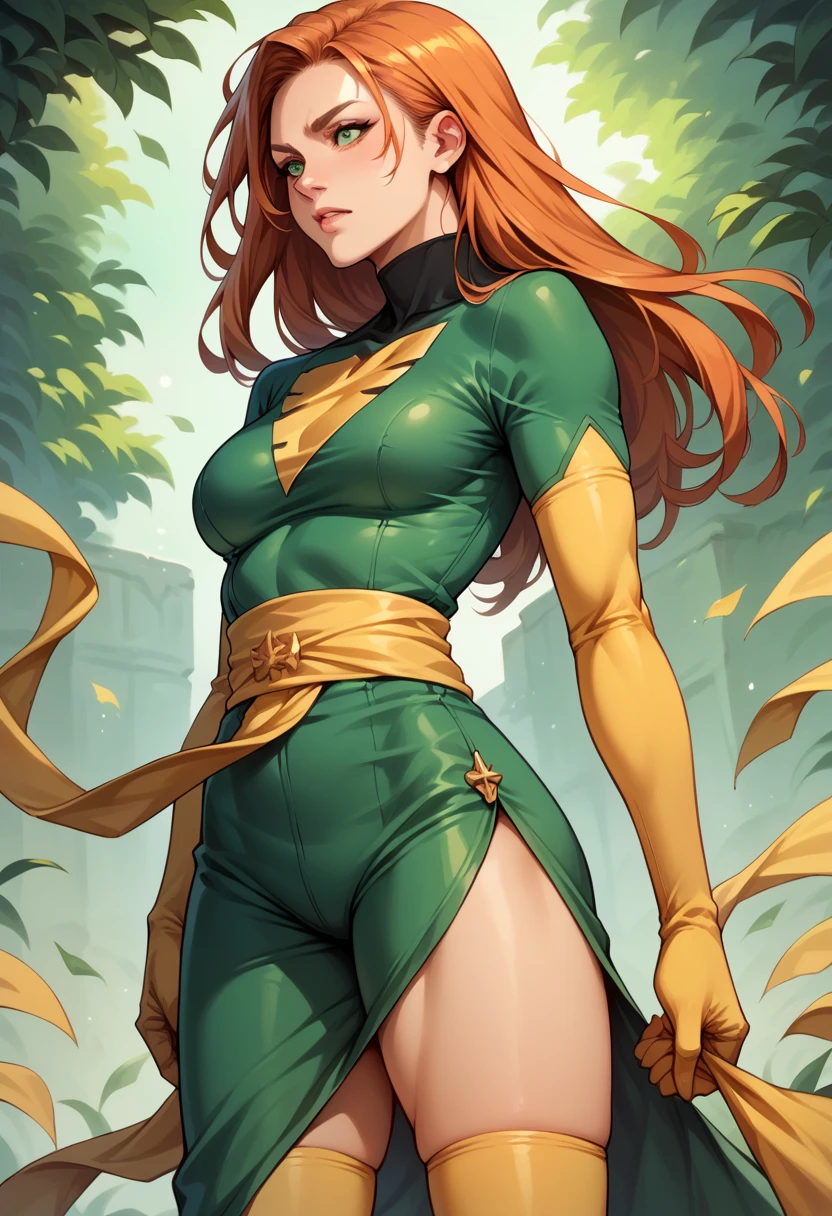A Soviet military girl, tall, sexy, big chest, good, friendly, happy, long red hair, smooth, her brown eye, pink lip, she dresses in a green metallic top, a black patch, her chest, her waist, a yellow ribbon, and her pants, metallic green, big, thigh, sensual, big yellow boot, wearing a black Soviet winter cap.