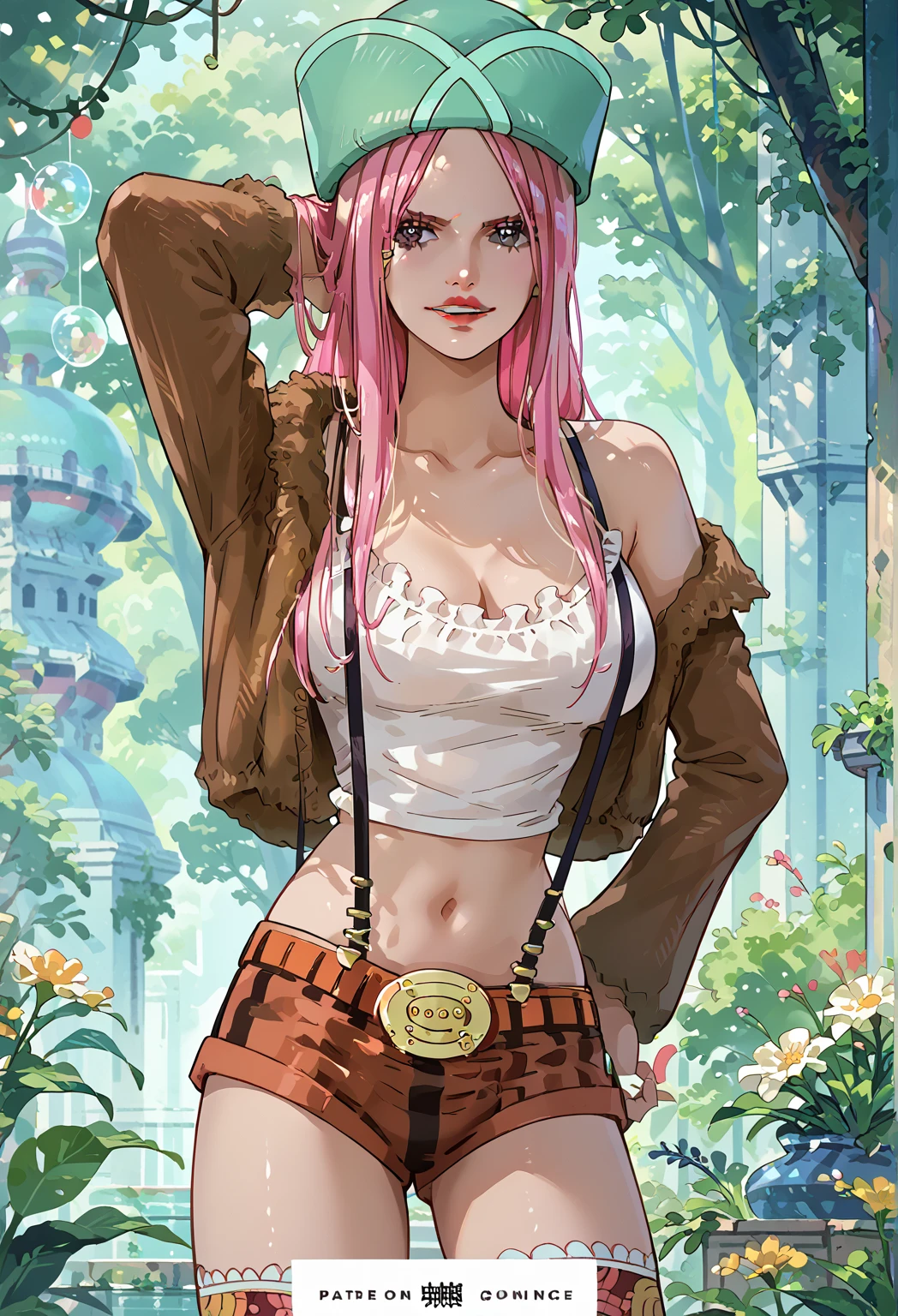 SEXY GIRL IN A PROVOCATIVE POSE, CUTE SEMI-NAKED GIRL, ((top quality, 8k, masterpiece:1.3)), Detailed eye, (looking from the front), looks at the camera, ((Everything is sparkling、light-reflecting:1.2)), (Best ratio: 4 fingers, 1 thumb), (portrait), (((Jewelry Bonney from One Piece))), JewelryBonneyV2, half body shot, 1girl, only, pretty face, long hair, pink hair, a, ((eormoma breasts, hyper detailed lips)), red lips, (thigh highs, bikini, purple eyes), navel, diaphragm, intricate detailed background, barren land, rocks, ocean, natural environment, Contrasted, Nervous, blush,