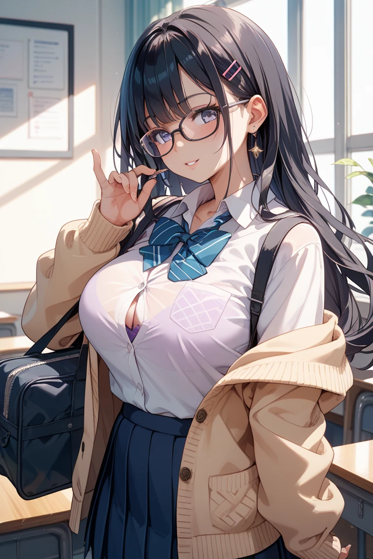1girl, holding a book, in the classroom with a window, beautiful breasts, glasses, looking at the viewer, unbuttoned, school uniform, :D