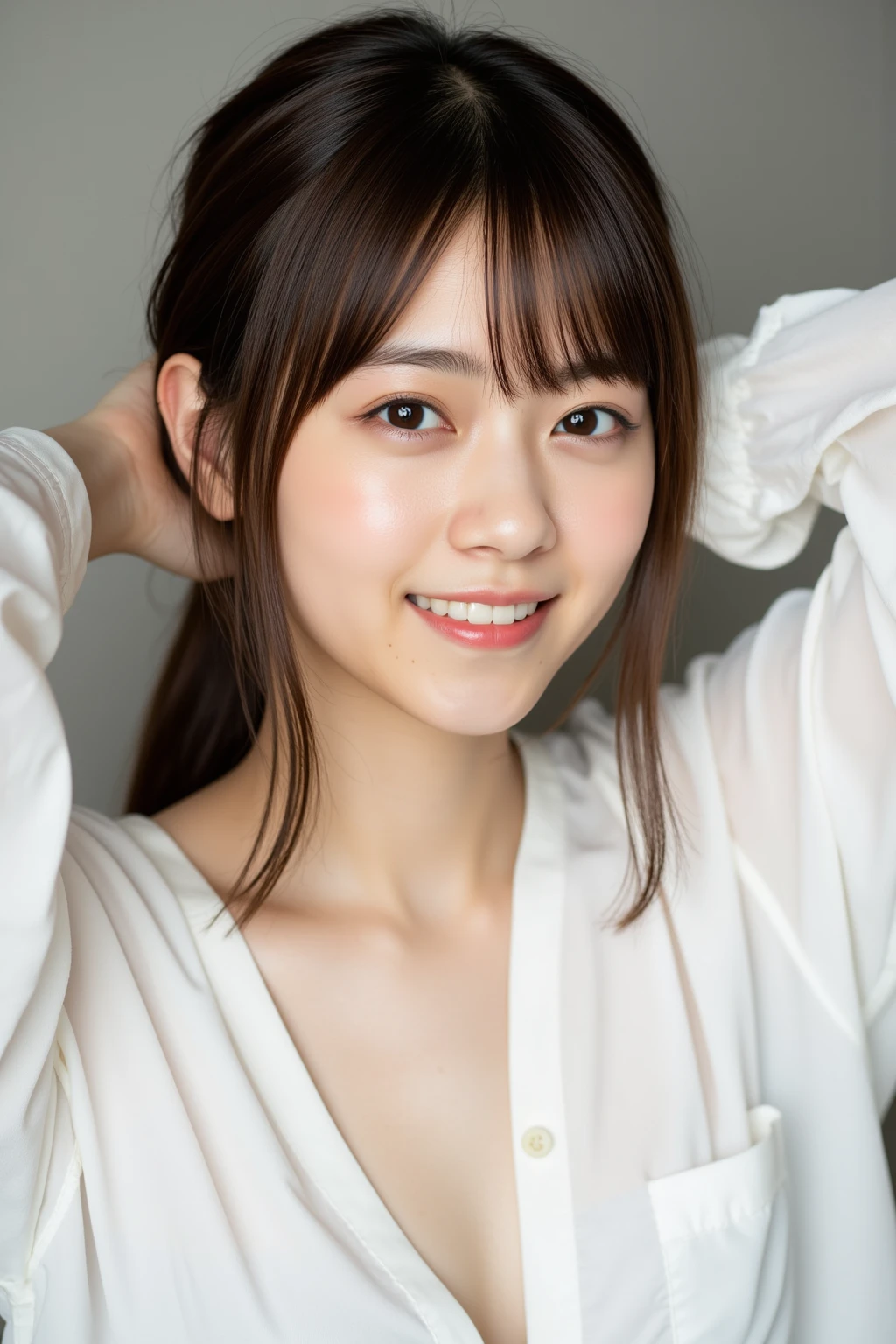 ((Tabletop,highest quality)), (Like the picture:1.4),((Tabletop,8k))、White wall、(White Room)、((Full body photo))、Photographed in natural light、Highly detailed face and skin texture、Highly detailed lips、The correct state of the human body、Ultra-high resolution、(Photorealistic:1.4)、highest quality, One beautiful woman, 38 years old, s, 150mm lens、Tiny Bikini、(Dark brown long hair)、Japanese women、(Dark brown hair)、Various poses、Looking at the camera、Natural color lip、 necklace、indoor、the whole body is turned to the front、Slender、Closed mouth smile、Small breasts、The photo shows the body from the knees up