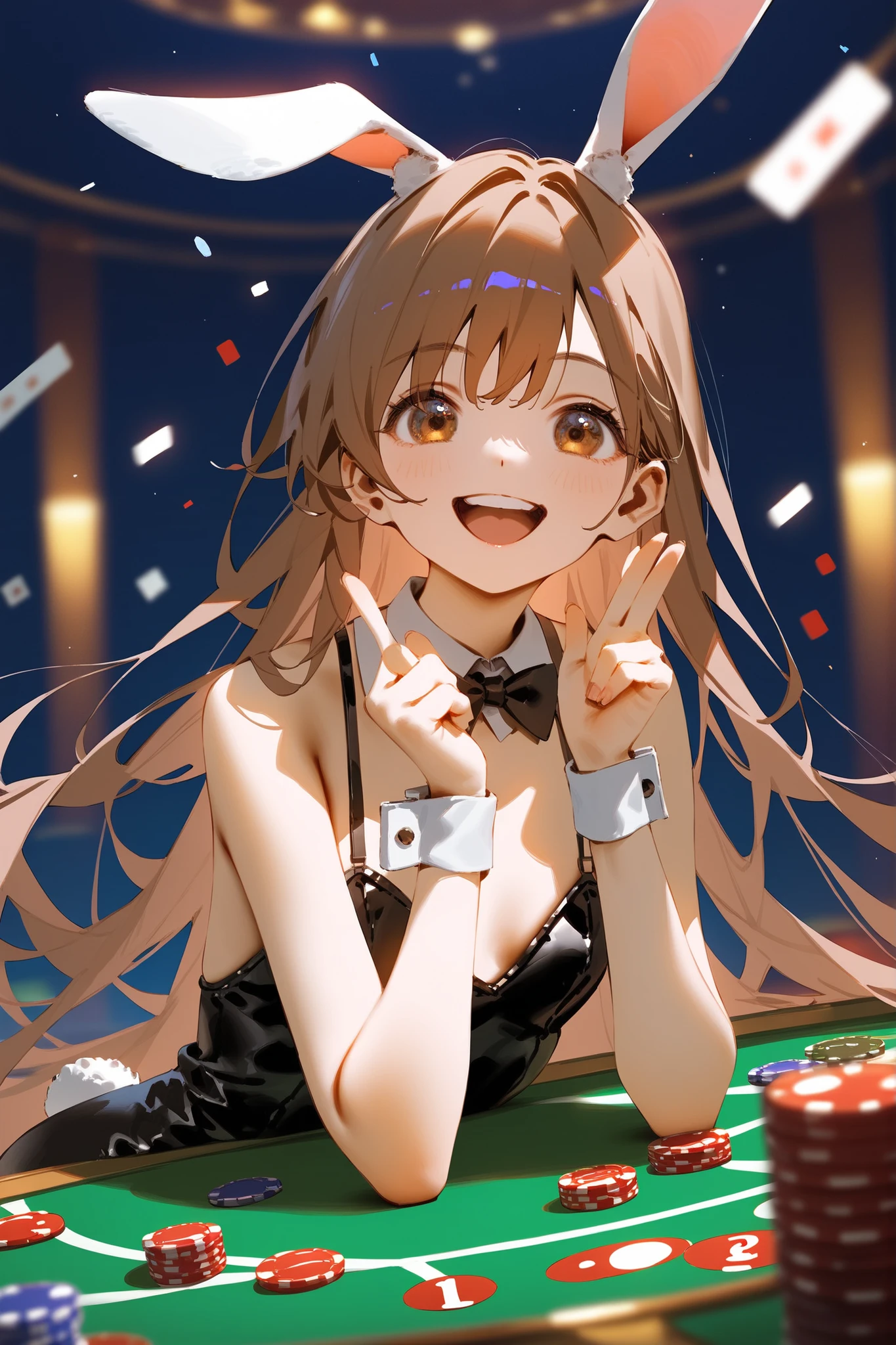 A brown-haired, black-eyed girl betting on the anime-style poker and card game while standing with gambling men by her side