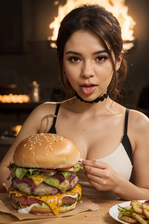 Animatronic toy chicken, a girl from five nights at Freddy's wearing a bikini, Sexy slim body in scary pizzeria with a burger bigger than her mouth and she has it in her hands. Her belly is huge and she already bit half of it off she already looks pregnant she is naked with a water hose inside her ass she is afraid of exploding because her belly is already full and she starts crying