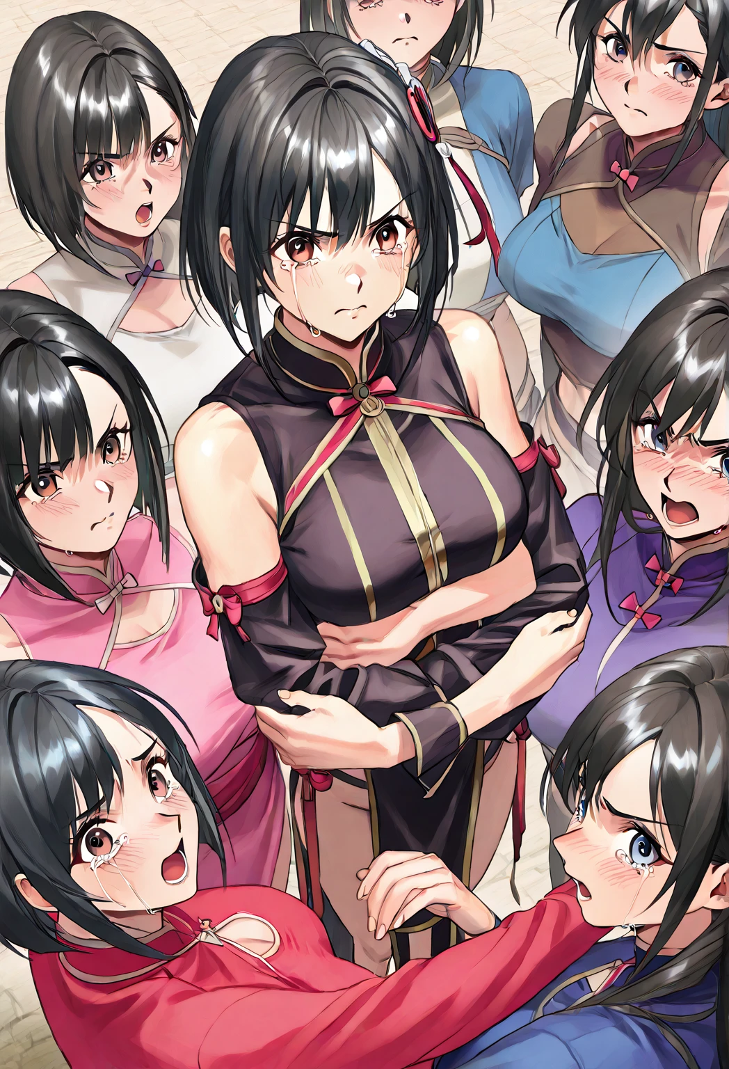 NSFW,(pale illustration,anime illustrations:1.2),(masterpiece, highest quality, so beautiful, Super detailed),textured skin, high details,8k,gleaming skin,pale outline,

(izuna \(blue archive\), blue archive:1.2),

1 girl,(black over-knee-high socks:1.5),Mid-chest,soft breast,shorty, Frown,jitome,blush,trembling, sweat,nude,derby tie,(arms up),(arms restrained by men's hands),(many middle aged men,men is grabbing girl's-breasts:1.4),(men is grabbing girl's arms:1.2),(full body:1.2), Basement,from below