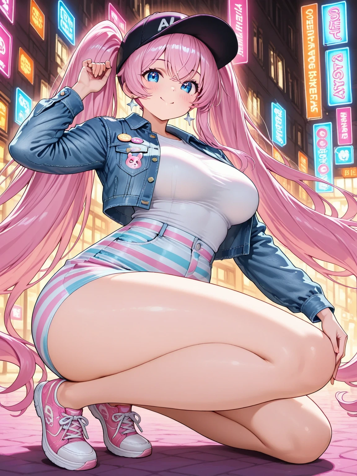 Professional Photography, ((Harajuku district)), [vibrant street art], (eclectic shops), avant-garde fashion, 
BREAK, 
Catgirl, blonde hair, detailed eyes, perfect face, full body, long legs, smile, braid, medium breast, Yellow eyes, High Heels, upskirt, on one leg, enthusiastic,
BREAK, 
(((pink thigh-highs))) and intricate details, sleek and form-fitting skirt, bold color palette, playful jewelry, 
BREAK, 
eclectic mix of fashion, (layered clothing styles), ((vibrant mismatched patterns)), oversized statement jacket adorned with patches and badges, (distressed denim skirt with unique embellishments), neon-colored graphic tanktop and playful embroidery, ((hands trying to cover panties from being exposed by the wind))