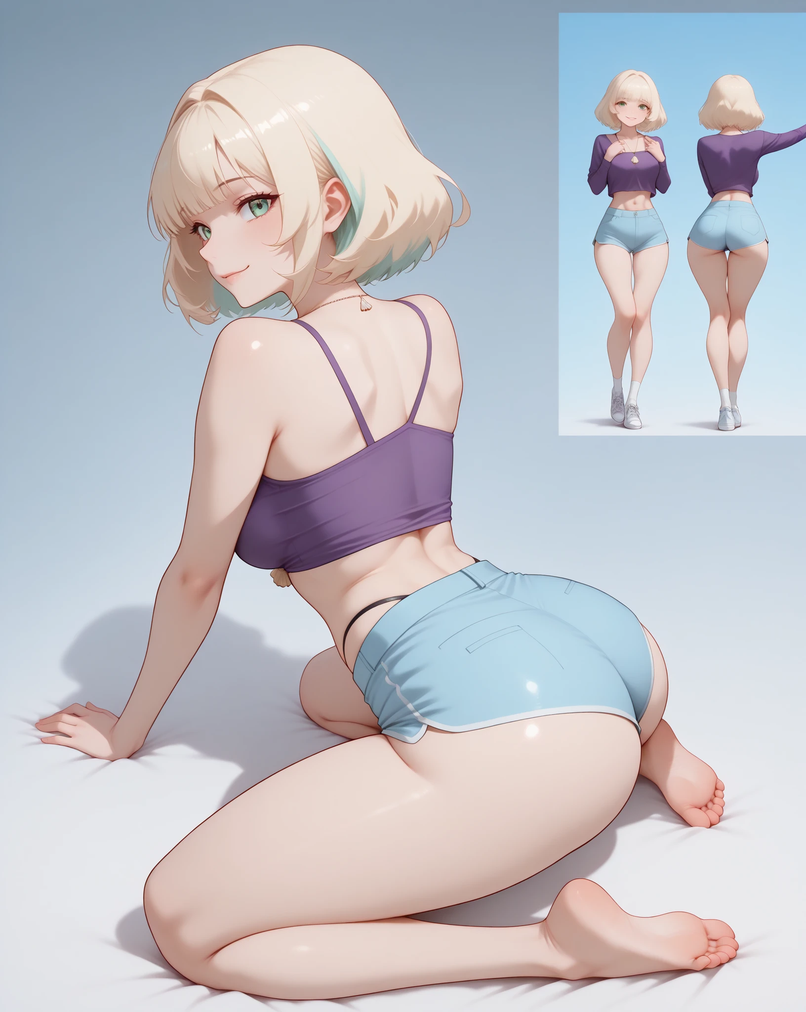 score_9 , score_8_up , score_7_up , score_6_up , BREAK, (((Best Quality , 8K , Masterpiece: 1 . 3)) , Full Body , Focus Clear: 1 . 2 , Outstanding Beauty: 1 . 4 , Slender Abs: 1 . 2)) , ((dynamic angle)) , (((wide view))) , wide-angle lens , extremely detailed , CG , 8k Amazing , finely detail)) , (intricate details , depth of field) , 8k UHD, Expressiveh , (cute face , cute body))), ((((((jackiel , blonde hair , 1girl , green eyes , solo , multicolored hair , short hair , purple shirt , shell necklace , bangs , long sleeves , blue shorts , tight shorts , highleg thong , smile , socks , sneakers))))), 1girl, high detailed, backside, photo from behind, thicc, wide hips, tight shorts, detailed face, beautiful expression, alluring gaze, captivating pose, elegant silhouette, dynamic composition, cinematic lighting, warm color palette, photorealistic, 8K, hyper detailed, professional photography, natural skin tones, studio lighting, ((((seductive pose , sexy pose , cowboy pose , hourglass figure)))) , ((precise face and eyes:1))