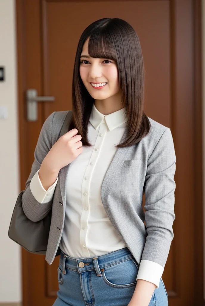 best quality, photorealistic, 8k, ((high res)), 1office lady, (skindentation), (portrait:0.5), grey suit, gorgeous, ((nobody darkness refresh room:1.65)), ((mini grey jacket, grey skirt, brown pantyhorse, with white shirt)), straight-looking at viewer:1.8, (1girl eyes looking at viewer, short-length straighthair, black hair, partedhair:1.75), bring business bag, photorealistic, (laugh:1.2), ((closed eyes)), gorgeous, pureerosface_v1,