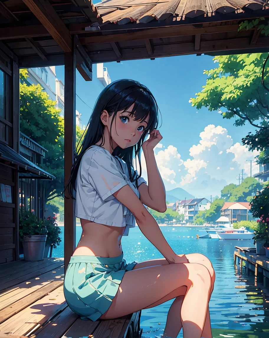 ((kinako (shiratama mochi) style)), nsfw, ((topless)), erect nipples, puffy nipples, masterpiece, fair skinned, 1 girl, nipples, navel, intricately detailed, cloudy day, dolphin shorts, roadside, waiting shed, japanese countryside, cloudy day, navel, necklace, smiling, extremely detailed, bus stop, puddle, sneakers, sitting, raining, bare breasts, bare stomach, sweaty, heavy breathing, wet body, small breasts, ponytail, black hair, slim waist, dark, bench, mountainous, cg masterpiece