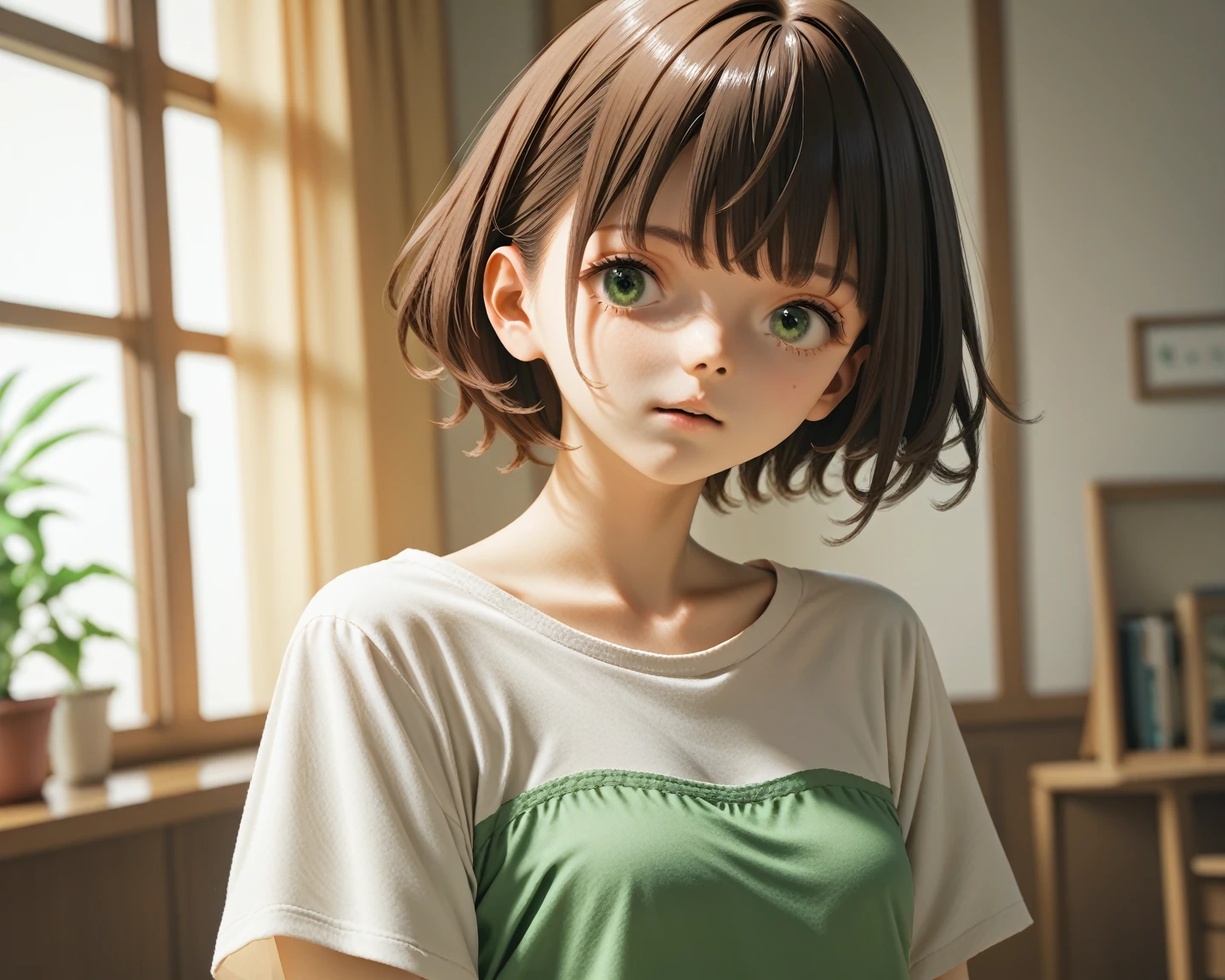 short brown hair, green shirt, white shorts, perfect eyes
