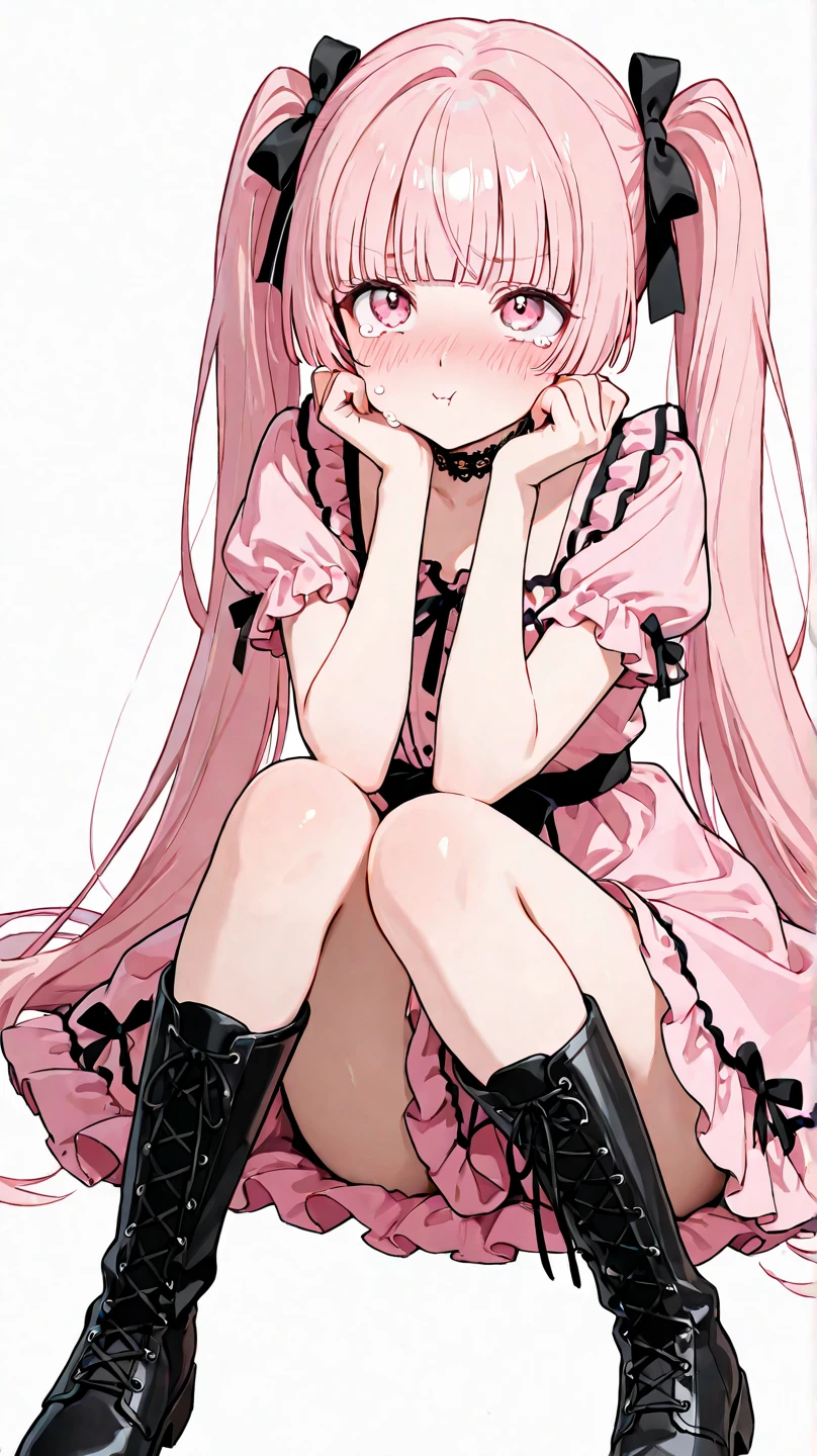 masterpiece, best quality, (jirai_kei),1girl, solo, long_hair, looking_at_viewer, shirt, black_hair, long_sleeves, bow, ribbon, twintails, sitting, monochrome, hair_bow, heart, pantyhose, frills, food, shoes, choker, blunt_bangs, black_skirt, pink_eyes, stuffed_toy, pink_background, stuffed_animal, frilled_skirt, pink_bow, (fishnets), candy, bandaid, pink_shirt, teddy_bear, lollipop, (fishnet_pantyhose), platform_footwear, pink_theme, pill, heart-shaped pupils,