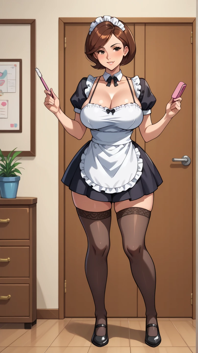(masterpiece, Highest quality:1.2), One Girl, alone, whole body, Big Breasts,, Brown Hair,Big Breasts, Brown eyes, Mature Woman, ((Character design sheet)),((rough sketch)),((Vulgar)),Thick thighs,One girl,((Between the breasts)),Pussy juice,Wearing a sexy wet maid outfit,milking
