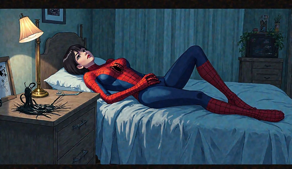 A Spiderman child does his homework in bed