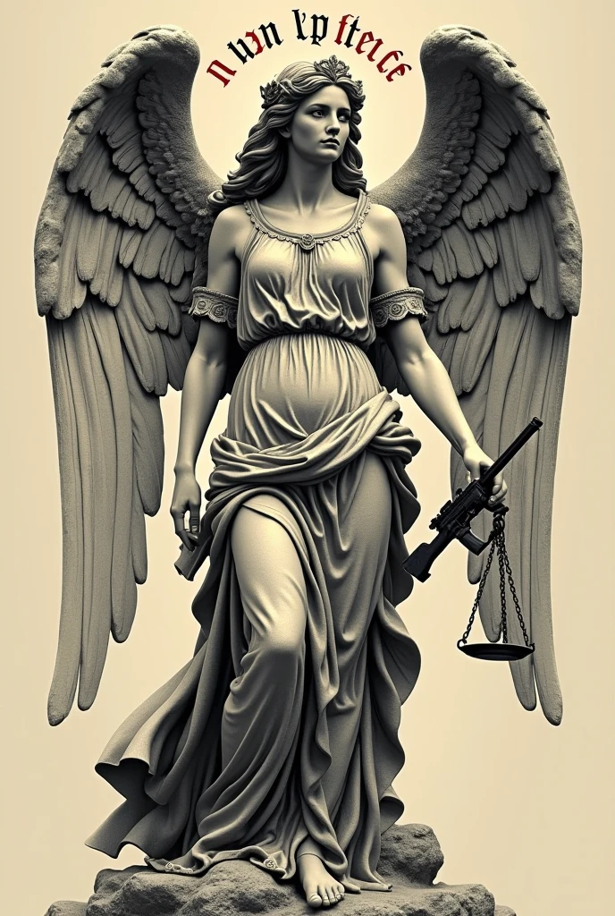 Goddess Themis with wings, blindfolded, with a scale in his right hand and a sword in his left hand Hand drawing