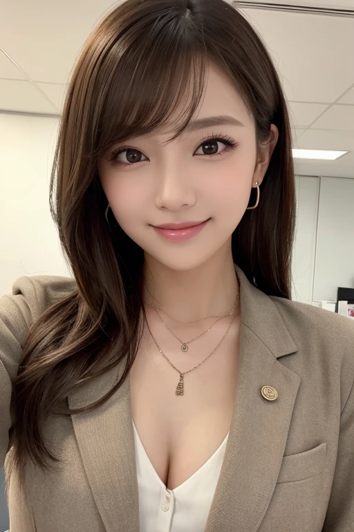 Beautiful young woman、 Light brown hair、Hairstyle braid、Work in front of the computer、Necklace around the neck、Office Lady Suits、Jacket、Unbuttoned shirt、Flashy makeup、smile、Beautiful teeth alignment、short hair、Intricate details, Very detailed:1.2), 、 Looking into the camera,The background is the office、Necklace around the neck、Dark eyeliner、ear piercing

