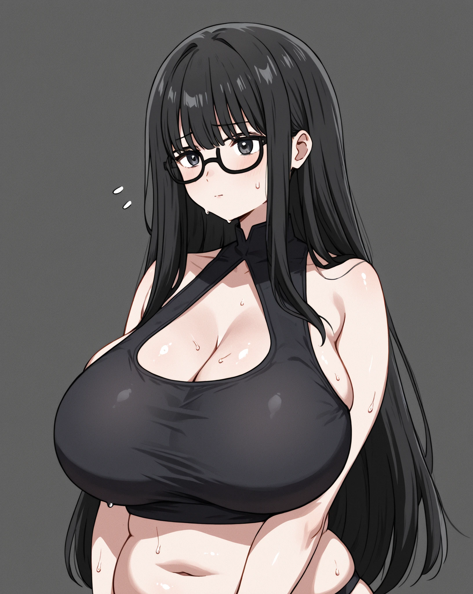 ((1 girl,arm under breasts,black hair,black nails)),((breasts,completely naked,ear piercing,nails,glasses,hair over one eye)),((huge breasts,lip piercing,nails long, long hair)), ((navel piercing, nipples, nude, piercing, black eyes)), ((simple background, alone, uncensored
veins))