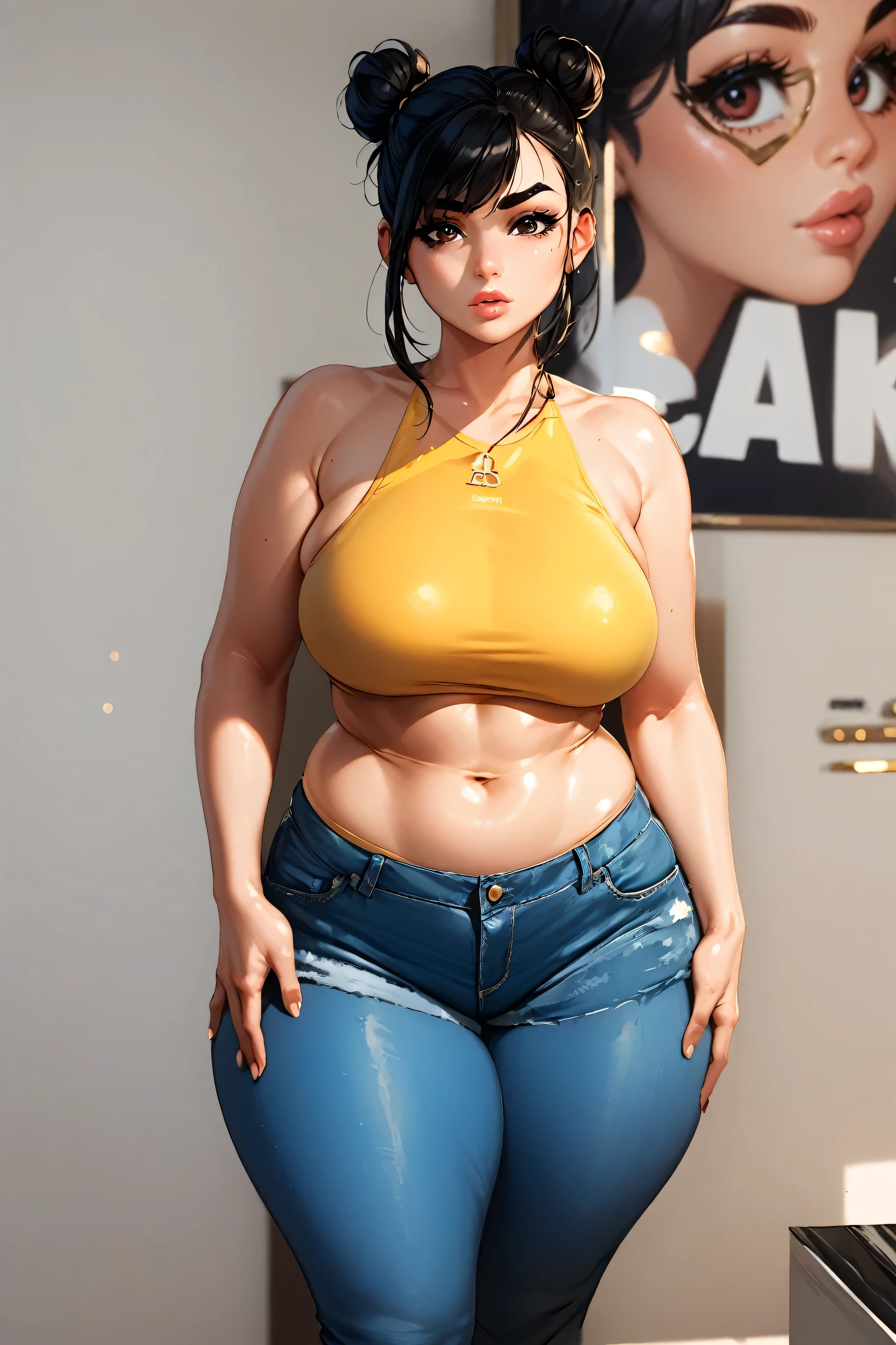 ouro kronii, blue eyes, black hair, cleavage, bare shoulders, sitting, blue hair, collarbone, braid, thighs, sweat, pants, huge breasts, hair intakes, crossed legs, tank top, denim, jeans, black tank top, gigantic breasts, 1girl, plump, chubby, curvy, chubby girl, belly, night sky background, (best quality,4k,8k,highres,masterpiece:1.2), ultra-detailed, (realistic,photorealistic,photo-realistic:1.37), HDR, UHD, studio lighting, ultra-fine painting, sharp focus, physically-based rendering, extreme detail description, professional, vivid colors, bokeh, portraits, fantasy, photography, concept artists, colorful,