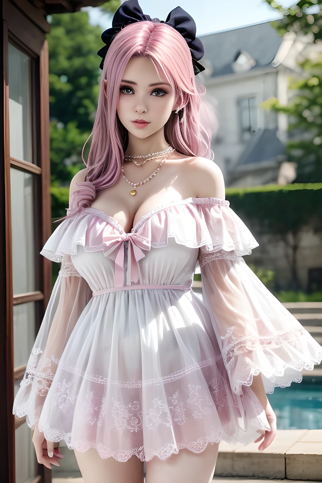 8k, Surreal, masterpiece, best quality, Super detailed, high resolution, random background, 1個Giant Breast Girl, (:1.5), Willow Yao, pink lolita,translucent,pink hair,stand,whole body,High heel,High heel,whole body,white