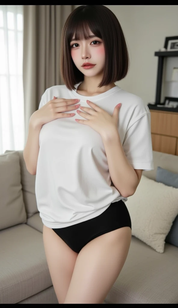 (nsfw),
(barefoot:1.3),
(brown medium length bangs),
(brown hair),
(bob medium length hair),
(middle_length waved hair),
(vertical roll medium length hair),
((Shaggy princess cut medium length tied at the back wavy hair),
put your hair up,
Masterpiece, high quality, High resolution, extremely detailed, cute with glowing white skin, eyelashes and cute dark-brown eyes, Jewelry Accessories Anime, gorgeous background-centered composition,
(Best quality, 32k, photos of cute Japanese women),
(Raw photo: 1.2),
(Plain white background),
1girl and 2boy or 3boy,
detailed face and breast,
,
(Big breasts:1.1),
(Tsun Tsuruten Raglan T-shirt that is not long enough ),
(erect nipples:1.0),
(peek camelto pussy public hair:1.2),
(Super dynamic angle: 1.4),
(Close-up :1.4),