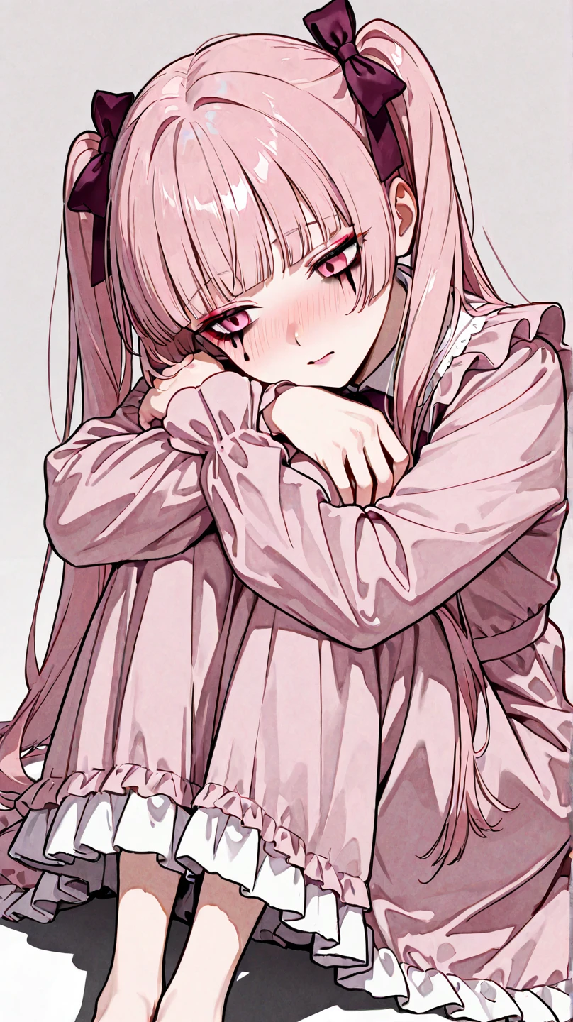 $masterpiece$, best quality, expressive eyes, perfect face, a magical girl, pink hair and eyes, solo, long curly hair, elegant dress, pink gold and rose gold color theme, skinny, scared expression, bound by wrists to a bed, bondage, bdsm, bound, mostly undressed