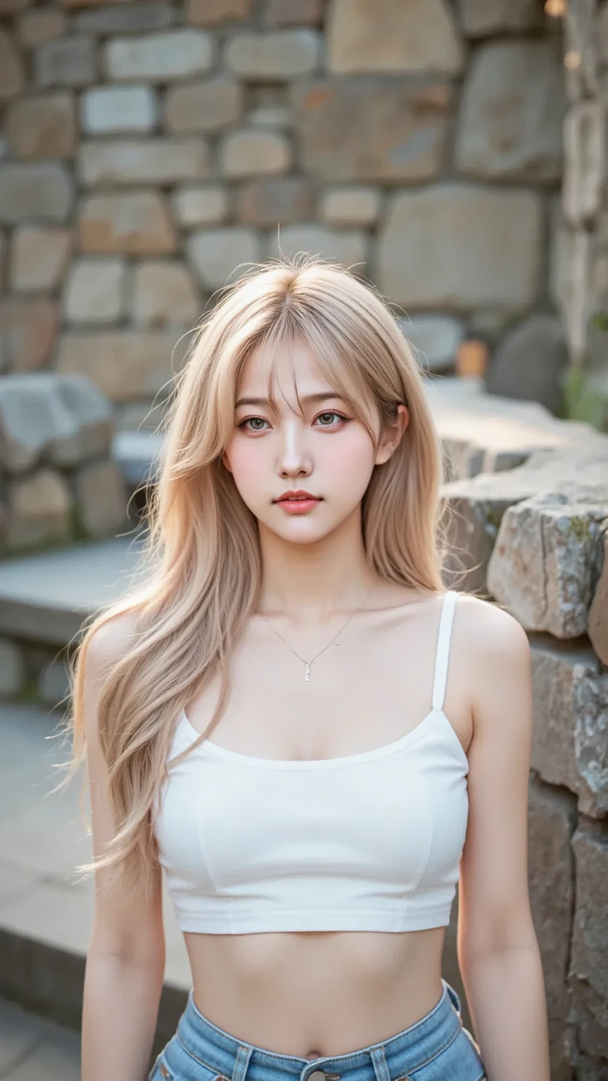 masutepiece, Best Quality, Illustration, Ultra-detailed, finely detail, hight resolution, 8K Wallpaper, Perfect dynamic composition, Beautiful detailed eyes,  Natural Lip, T-Shirts , Big breasts,,Sad face、Blonde、Wavy Hair