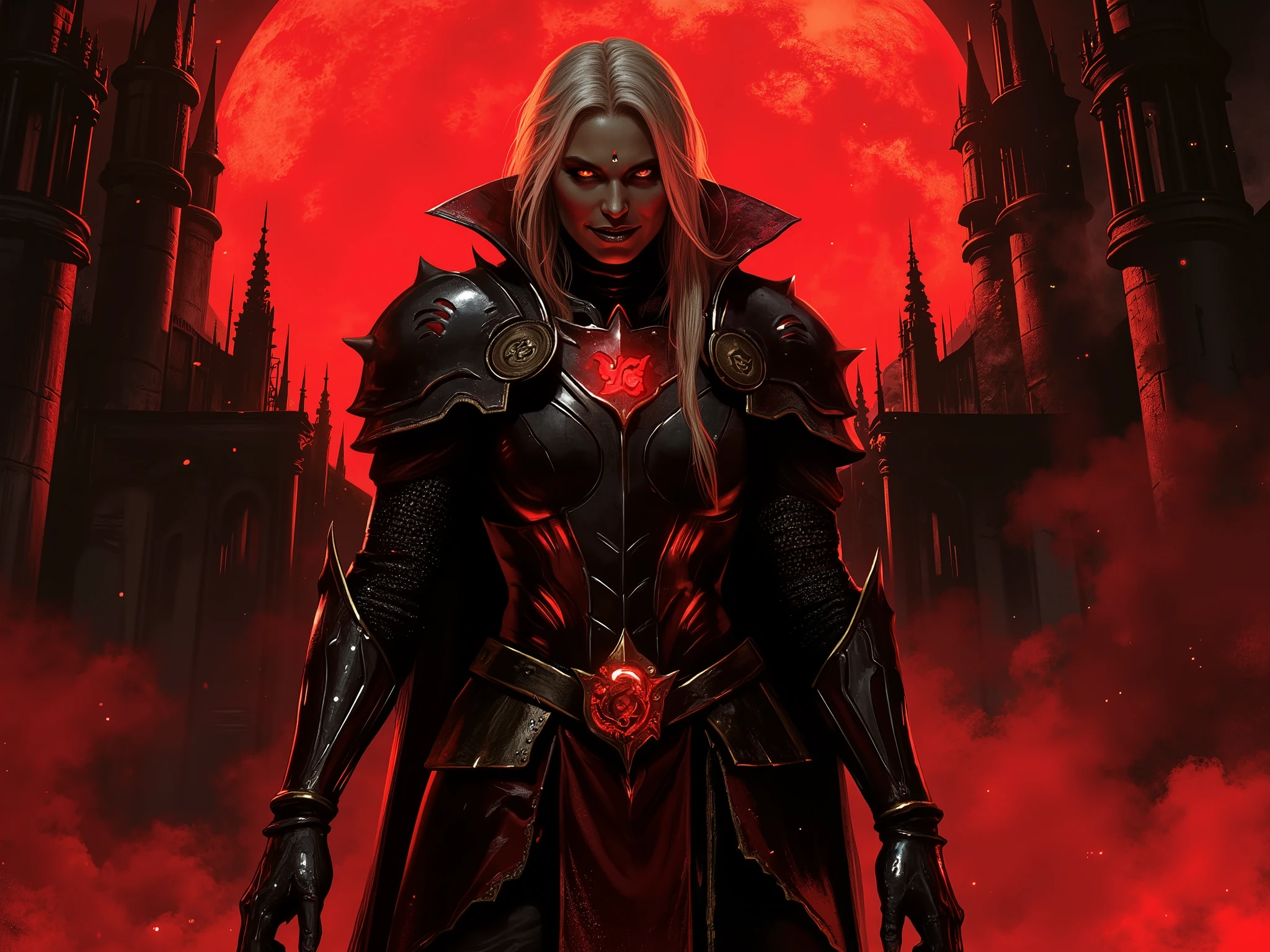 (masterpiece, best quality, ultra-detailed, cinematic lighting, dramatic shadows), powerful vampire queen under a blood moon, corrupted holy armor with claw marks and glowing runes, pale glowing skin, long dark-blonde hair, blood-red eyes, sinister smile showing sharp vampire fangs, gothic cathedral ruins in background, cursed mist swirling at her feet, confident pose, intense aura of dread and power, fallen knight transformed into superior vampiress, dramatic red and black color palette, glowing highlights on armor and eyes