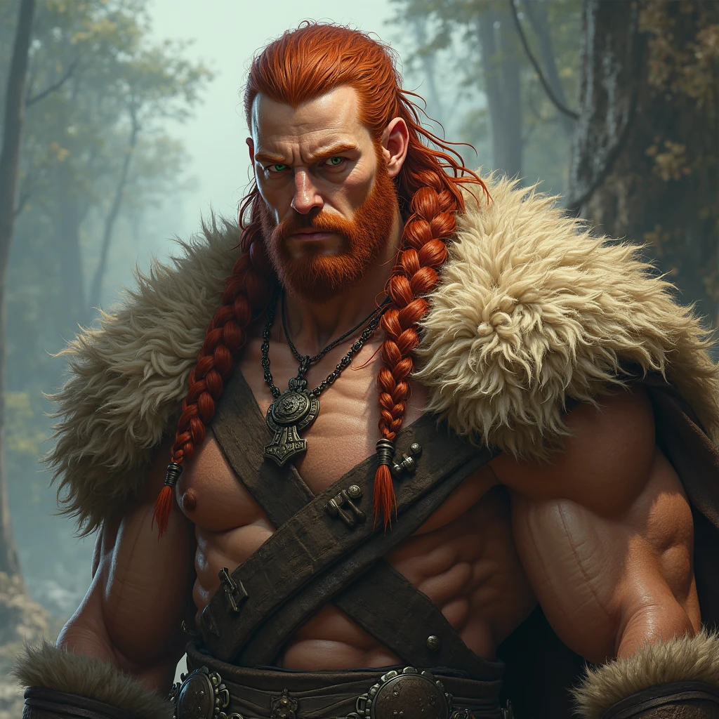 1man, (((solo))), (tall man, muscular body, with many battle scars on his body, long red hair and red beard, red eyes in fury, has a pair of deer antlers on his head), RPG barbarian, furious in combat, carries in his hands a battle axe