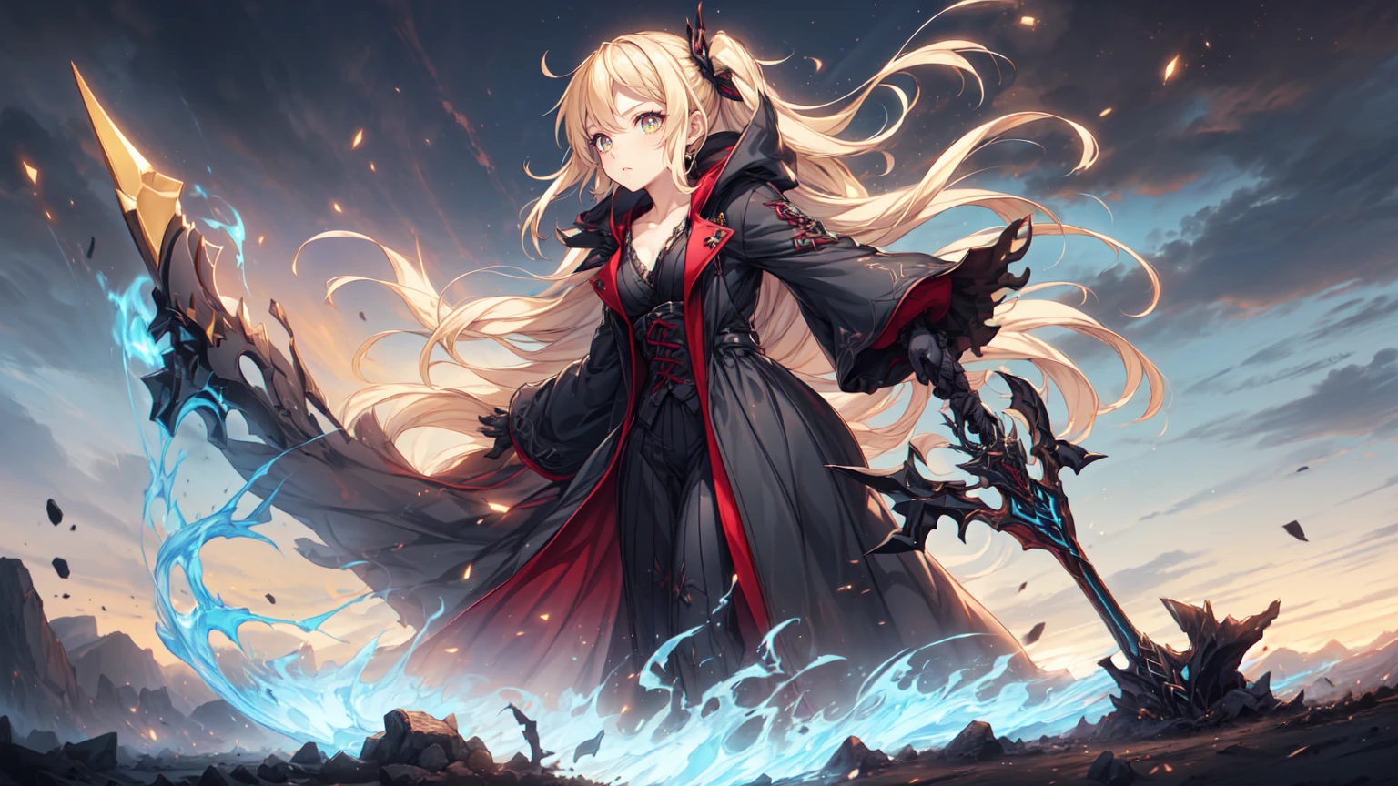 A masterpiece, dark and detailed, with the highest quality, depicting a dark forest at night, with fireflies shining and dead trees strewn about, with a majestic volcano in the background and the red sky on fire --auto --s2
