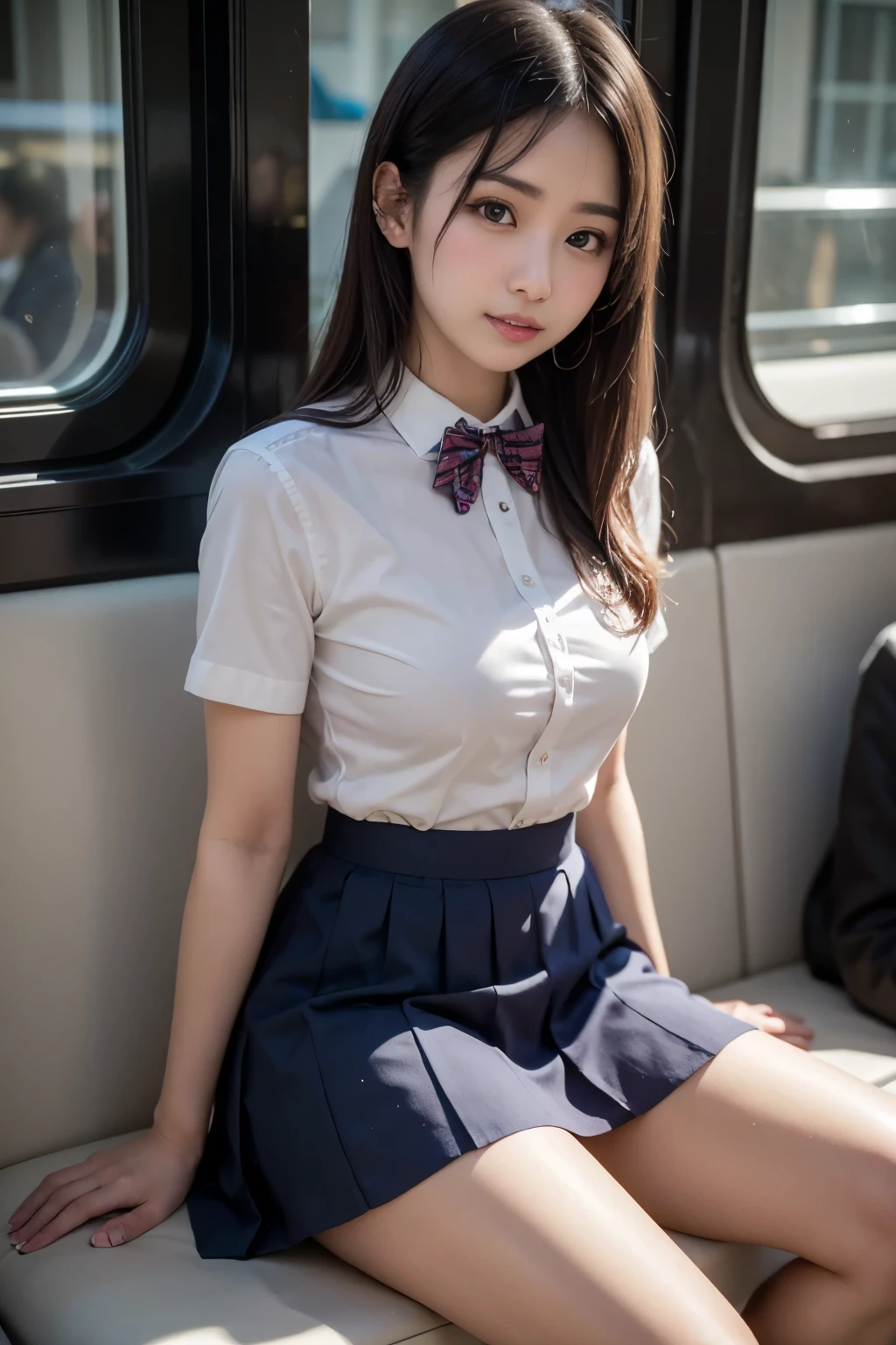 (masutepiece, Best Quality:1.2), 8K, 18year old, 85 mm, Official art, Raw photo, absurderes, White dress shirts, Pretty Face, close up, Upper body, violaceaess, gardeniass, Beautiful Girl, School uniform, (Navy pleated skirt:1.1), Cinch West, thighs thighs thighs thighs, Short sleeve, on train, Sit on a bench seat, Looking at Viewer, No makeup, (Smile:0.4), Film grain, chromatic abberation, Sharp Focus, face lights, clear lighting, , Detailed face, Bokeh background, (dark red necktie:1.1)、Colossal tits