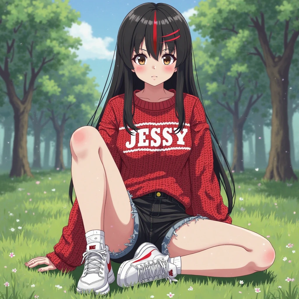 Un personaje de My hero Academia mujer con orejas de gato, cabello largo lacio, fleco color rojo y lo demas color ?????, ojos grandes color rojo, con mucho pecho, a light green sweater, una falda color verde oscuro y calcetas largas color blanco con celeste y zapatos color ?????