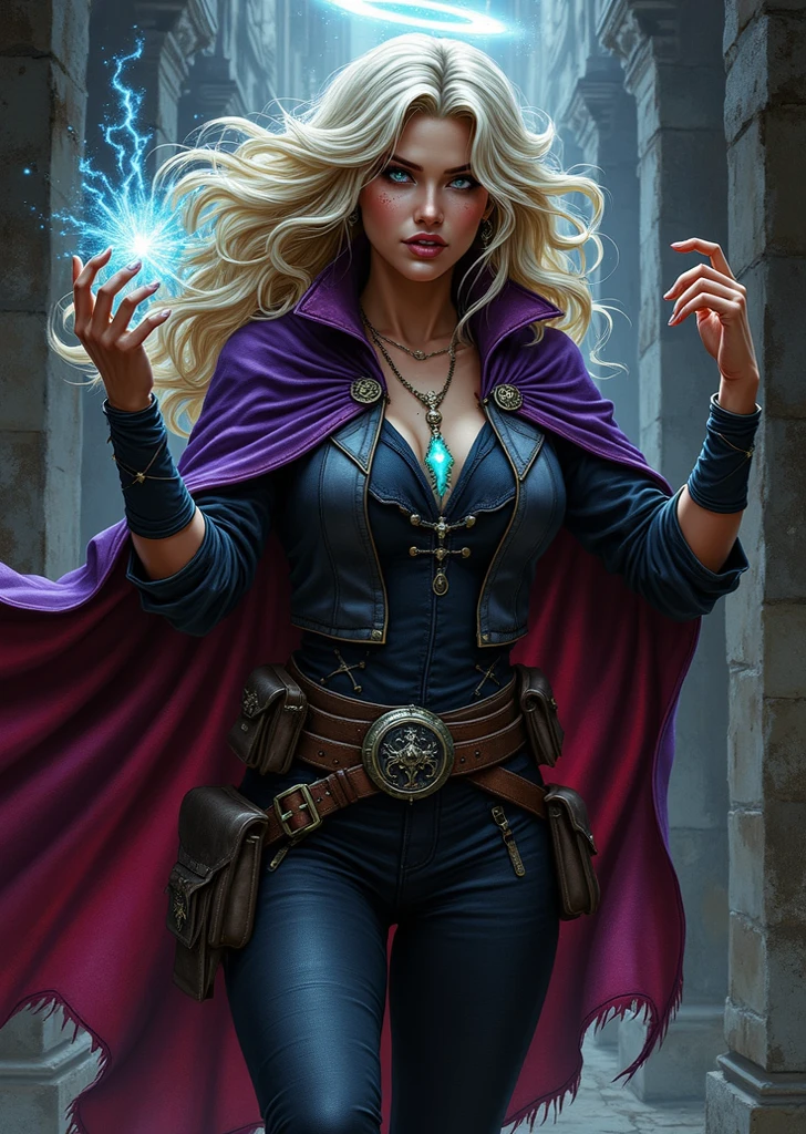 An extremely detailed comic book illustration of a stunningly beautiful extremely curvaceous Aasimar from dungeons and dragons descended from an angelic being infused with celestial power with features that hint at her celestial heritage such as metallic freckles luminous eyes a halo spectral wings or the skin color of an angel which can be silver opalescent green or coppery red trained as a Dungeons and Dragons Arcane Trickster Rogue relying on cunning stealth and their foes vulnerabilities to get the upper hand in any situation focusing on stealth and deception as well as climbing finding and disarming traps and opening locks prioritizing subtle strikes over brute strength mastering magical tricks to aid her in her trade wearing a vibrant and dynamic outfit that reflects a playful yet cunning personality perfect for a rogue or trickster with a richly colored dark cloak flowing over her shoulders fastened at the front with a decorative clasp with a luxurious texture lined with a contrasting color enhancing its visual appeal a fitted dark shirt that allows for maximum mobility with subtle detailing that adds depth to her look a sleeveless vest that is fitted and features multiple pockets for carrying tools and gadgets adorned with intricate patterns and designs suggesting her resourcefulness and flair for style fitted sleeves that extend to her wrists with one of her hands raised showcasing a glowing magical effect suggesting she possesses some magical abilities a wide belt cinching her waist decorated with various pouches both functional and stylish complementing the overall outfit dark fitted trousers that allow for ease of movement with reinforced areas for added durability.in an art style inspired by Frank Miller and Conan the Barbarian. The Background is awash in dark moody textured brushstrokes in grimey city streets tones. Standing in a dynamic action pose. Trending on Art Station.